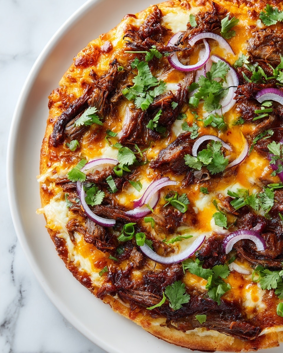 A close-up view of a round pizza on a white plate set on a white marbled surface, showing a thick, golden-brown crust topped with a layer of melted cheesy sauce in orange and yellow shades. On top of this, there are chunky pieces of dark brown shredded meat, thin slices of light purple onion rings scattered evenly, and sprinkled fresh green cilantro leaves covering the pizza. The textures range from gooey and slightly charred cheese to tender meat and crisp onions, all arranged on a single layer. photo taken with an iphone --ar 4:5 --v 7