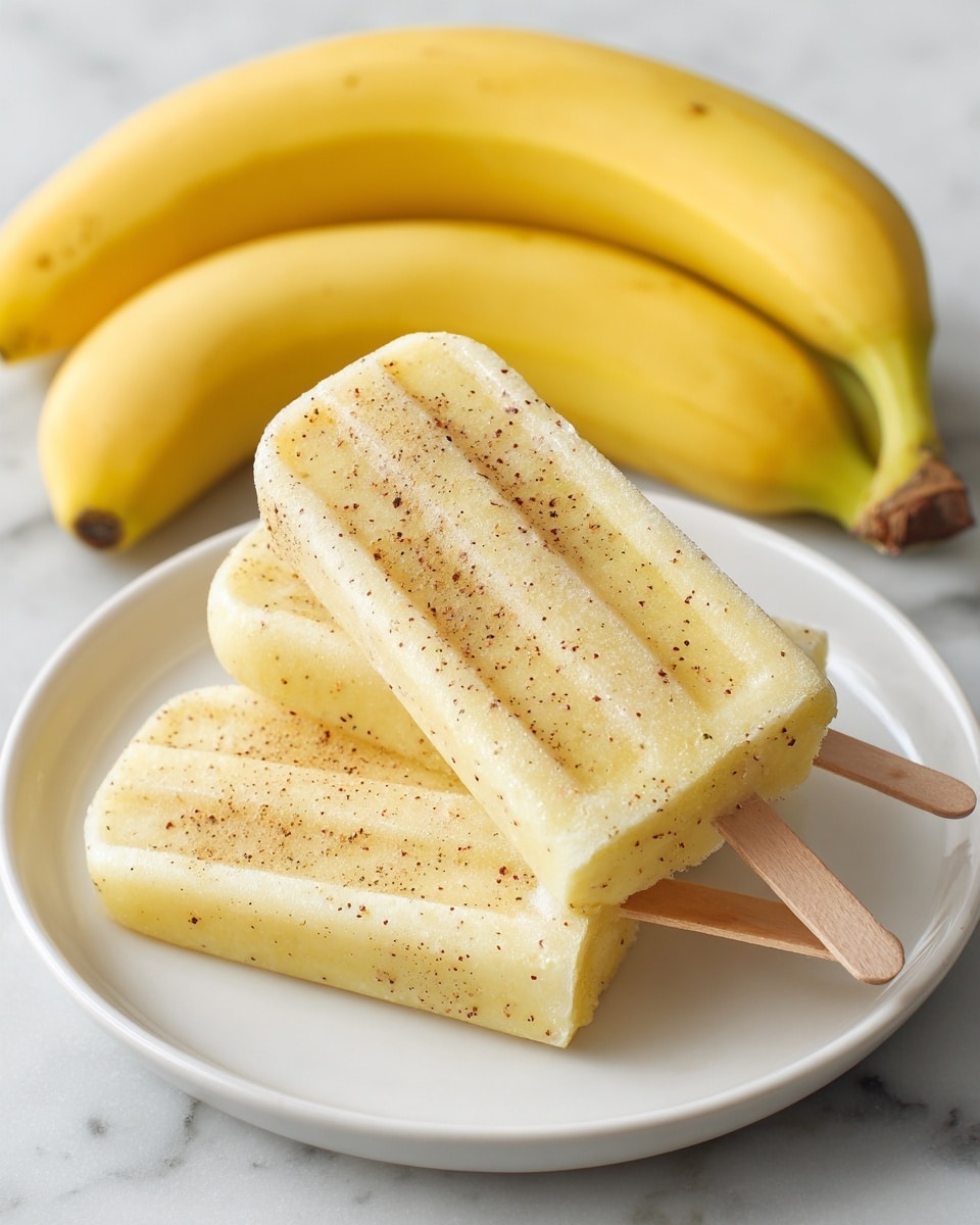 Two light yellow banana popsicles with small brown specks on a white plate are shown, with one popsicle lying flat and the other standing upright on its wooden stick. Behind the plate, there are two whole ripe bananas with bright yellow skin. The surface beneath the plate is white marble. The popsicles have a smooth texture with visible ice crystals on top. Photo taken with an iphone --ar 4:5 --v 7