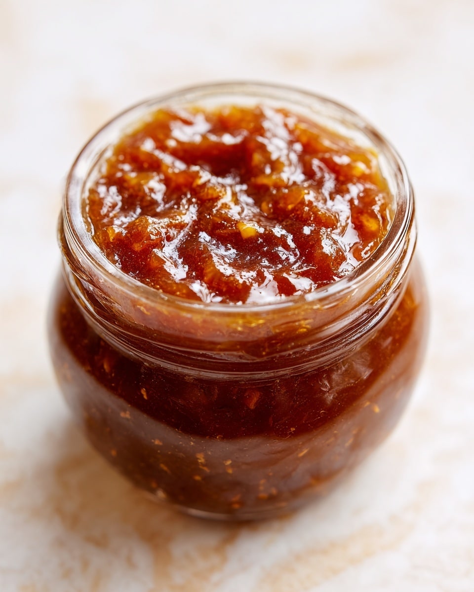 The image shows a small glass jar filled with thick, chunky brown jam with visible bits of fruit inside. The jar has a shiny surface, and the jam fills it nearly to the brim, displaying a textured top layer that glistens under the light. The background is a white marbled surface with soft focus, highlighting the rich color and texture of the jam inside the jar. photo taken with an iphone --ar 4:5 --v 7