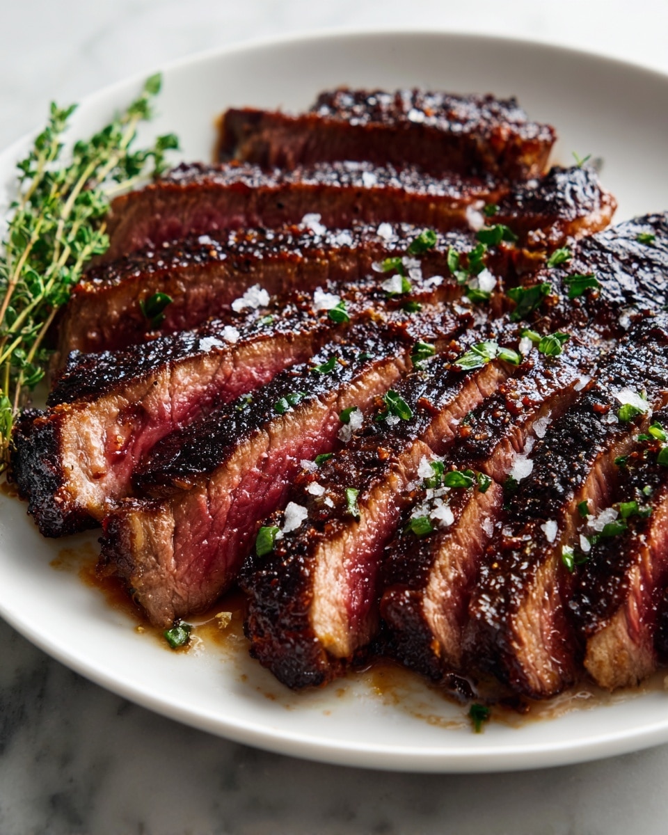 The image shows a white plate with several slices of grilled steak arranged side by side. The steak pieces have a rich brown, charred outer layer with a slight crust from grilling. The inside of the slices is pink and juicy, showing that the steak is cooked medium rare. Small grains of salt and bright green chopped herbs are sprinkled on top, adding texture and color contrast. To the side, small green sprigs of herbs add a fresh element. The background is a white marbled surface. photo taken with an iphone --ar 4:5 --v 7
