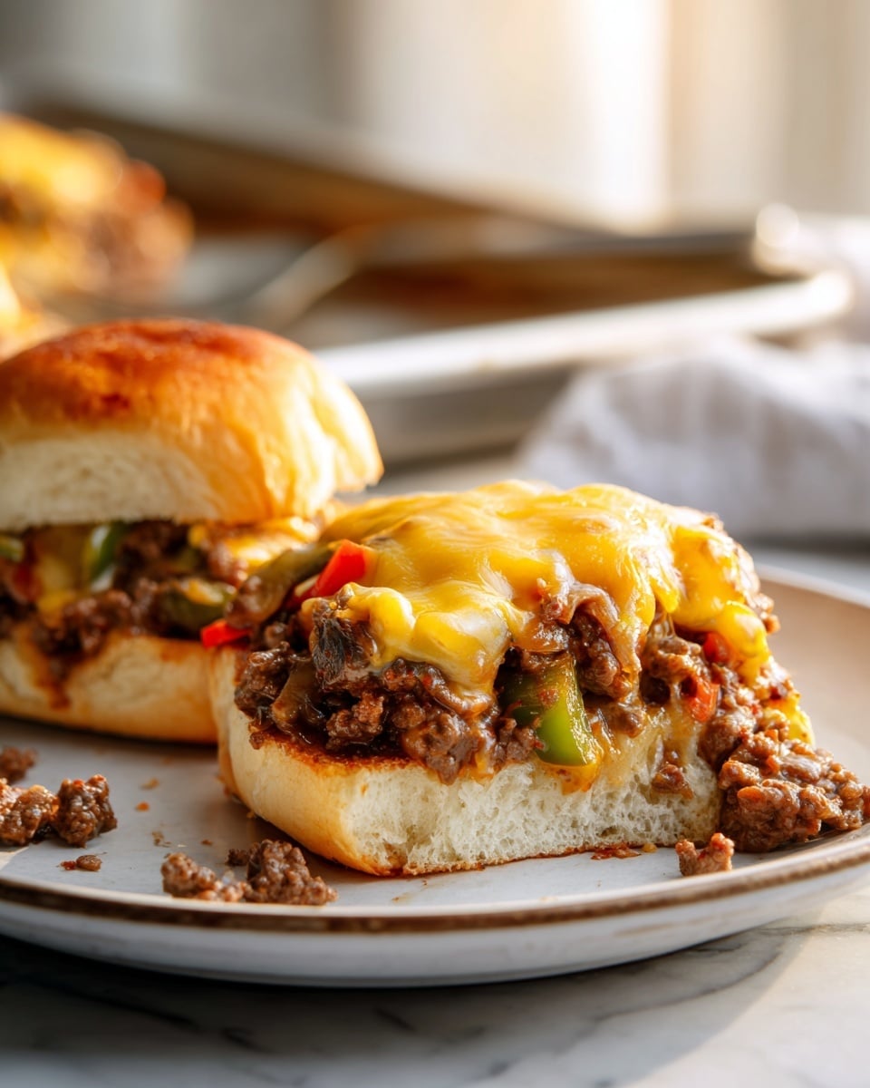 Two sloppy joe sandwiches sit open on a white plate placed on a white marbled surface, each made with a golden brown toasted bun. The bottom bun holds a thick layer of cooked ground beef mixed with sautéed green bell peppers, onions, and mushrooms, topped with a melted layer of creamy white cheese that drapes over the beef mixture. The top buns are slightly tilted back to reveal the filling fully. In the background, there is a slightly out-of-focus metal baking tray with a spatula resting on it. The scene is lit by natural light coming from a nearby window, giving the food a warm and inviting look. Photo taken with an iphone --ar 4:5 --v 7