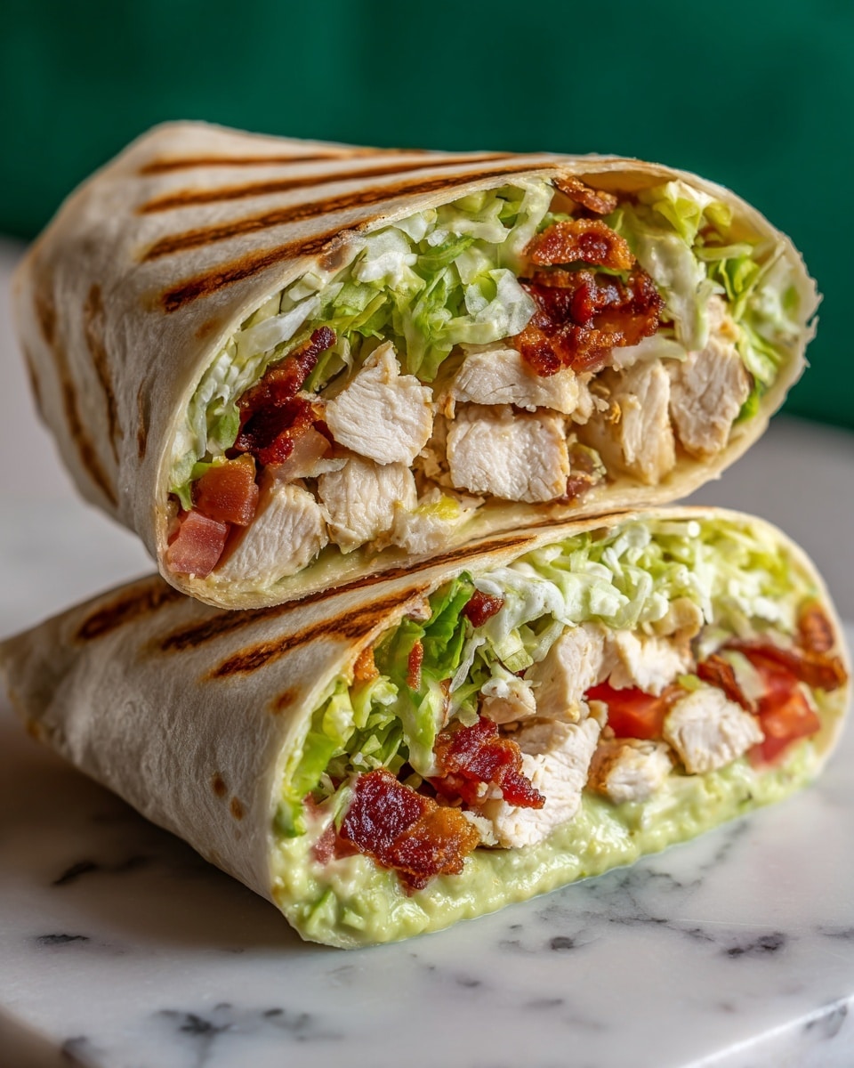 The image shows a close-up of a wrapped burrito cut in half, revealing multiple layers inside. The outer layer is a soft, lightly toasted white tortilla with brown grill marks. Inside, the first visible layer is shredded green lettuce at the top left, followed by chunks of white cooked chicken in the center. There are small pieces of crispy reddish-brown bacon scattered throughout. Bright red tomato slices are mixed with the lettuce and chicken. Below those layers, a creamy light green avocado spread is visible along the bottom edge. The whole burrito rests on a white marbled surface with a blurred green background. photo taken with an iphone --ar 4:5 --v 7