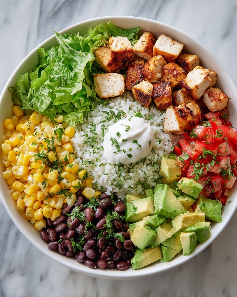A bowl with seven main layers arranged in sections: at the bottom is a bed of white rice mixed with green herbs; on top of the rice are golden grilled chicken cubes with slight char marks; beside the chicken is a fresh, bright green lettuce layer; next to the lettuce are chunky light green avocado cubes; to the right is a pile of finely chopped red tomatoes mixed with small green herb bits; below the tomatoes is a heap of bright yellow corn kernels sprinkled with herbs; and just below the corn is a serving of shiny black beans; in the center of the bowl sits a dollop of smooth white sour cream with a small sprinkle of green herbs; the bowl is white and sits on a white marbled surface. photo taken with an iphone --ar 4:5 --v 7