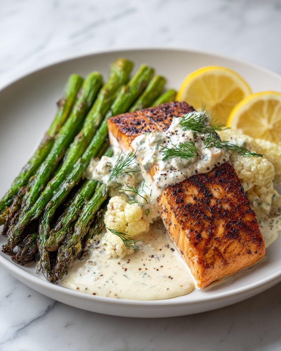 A white plate on a white marbled surface holds a dish with three main parts: on the left side, a cluster of cooked green asparagus spears with a slightly charred texture; in the center, a thick, grilled salmon fillet with a golden brown crust and visible black pepper specks; on top of the salmon and partly to the right, a creamy white sauce with small chunks of cheese or curds and fresh green dill pieces, which slightly pools around the salmon. At the back of the plate, two lemon slices add a bright yellow contrast. photo taken with an iphone --ar 4:5 --v 7