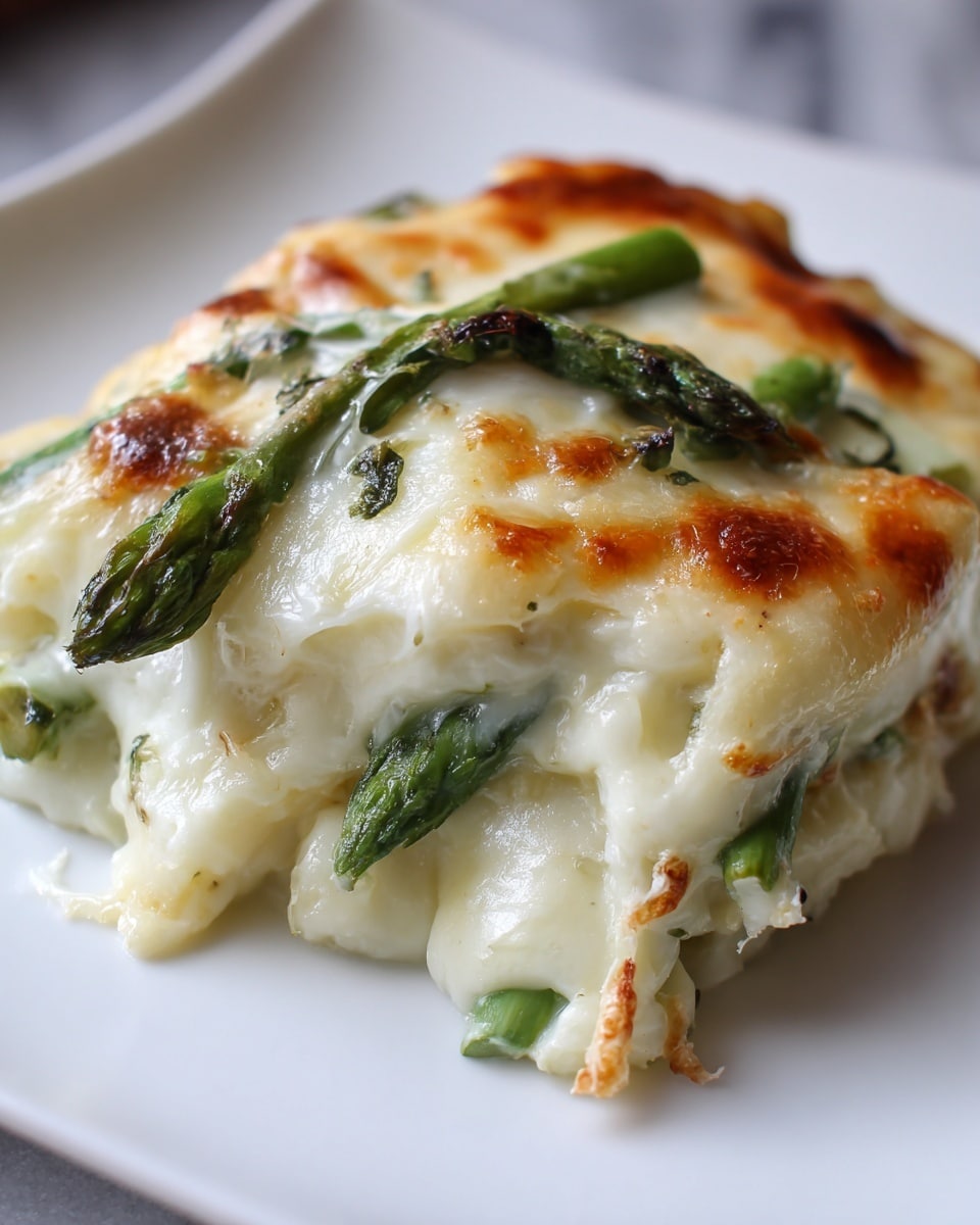 A close-up image of a white plate with a melted cheese dish that has about two layers. The bottom layer is soft and slightly browned melted cheese with some texture, while the top layer is thick, creamy white melted cheese with golden brown spots from baking. Green asparagus stalks are placed in between the cheese layers, some fully covered and some partly visible, lying flat and spaced evenly. The dish looks gooey and soft with a smooth shiny texture on the cheese and a white marbled surface beneath the plate. Photo taken with an iphone --ar 4:5 --v 7