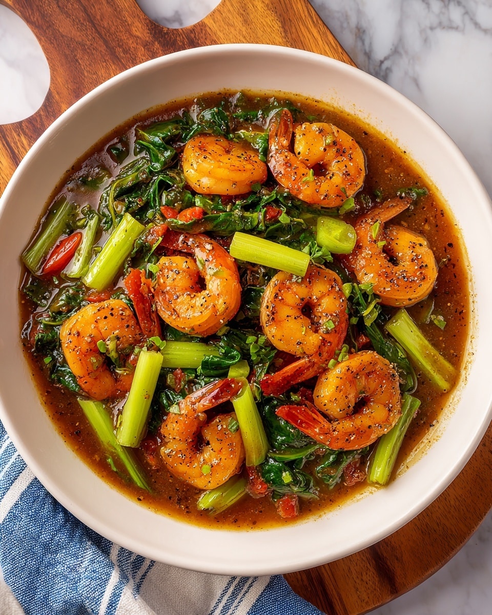A bowl of shrimp gumbo shows six large, bright orange shrimp placed on top of a thick, dark brown sauce filled with chunky pieces of green okra, diced red tomatoes, and finely chopped onions and herbs all mixed together. The dish is served in a white bowl with a dark blue rim, sitting on a wooden board, and in the background, there's a small white bowl with yellow chopped pieces and a blue and white striped cloth. The sauce looks glossy and rich with a thick texture, while the shrimp are slightly curled with a succulent look. photo taken with an iphone --ar 4:5 --v 7