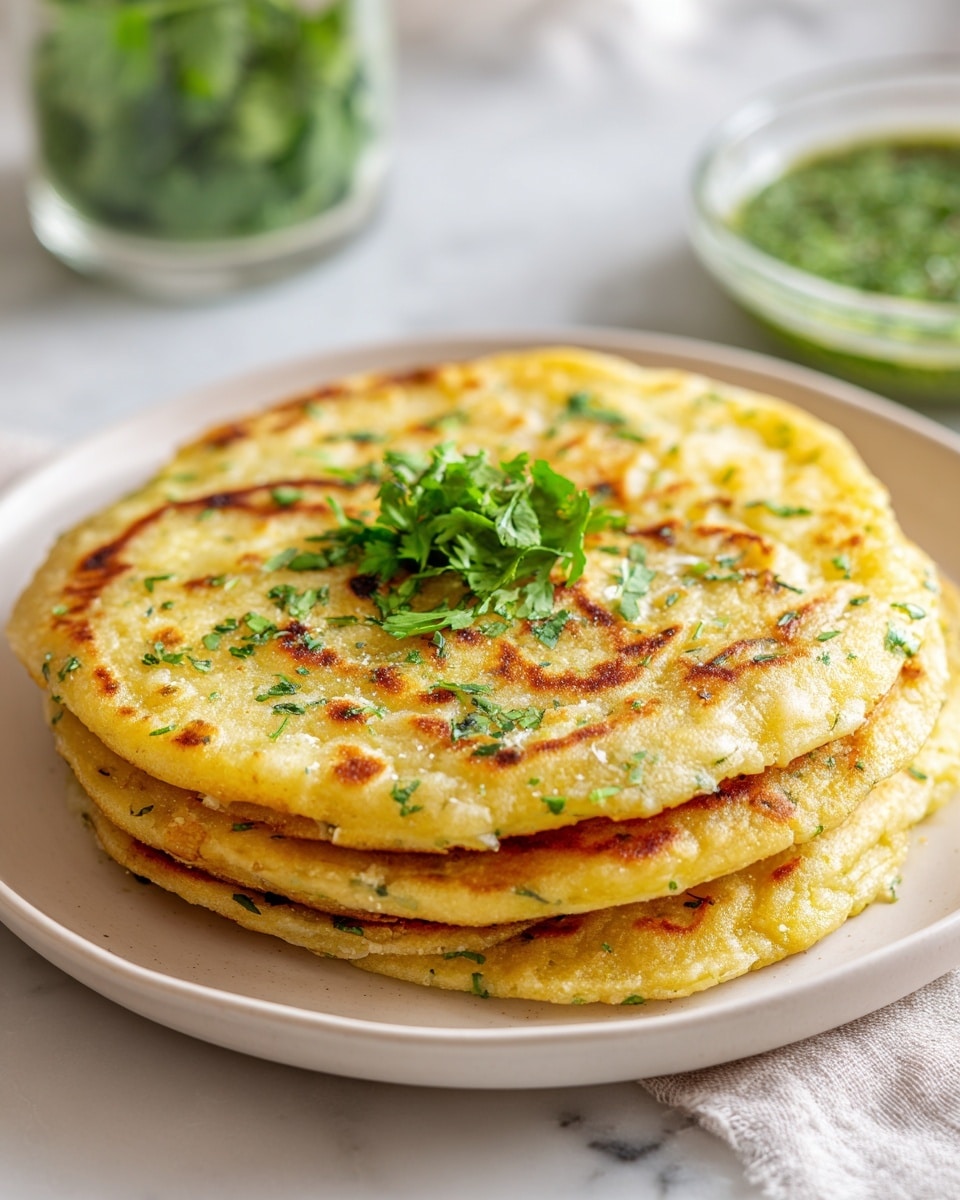 A stack of four round, golden-yellow flatbreads with a slightly crispy brown surface and visible green herb pieces cooked inside each layer is placed neatly on a white plate. The top flatbread is garnished with fresh green cilantro leaves scattered in the center. The plate sits on a white marbled surface, and a blurred jar of green sauce along with some fresh green herbs can be seen in the background. photo taken with an iphone --ar 4:5 --v 7