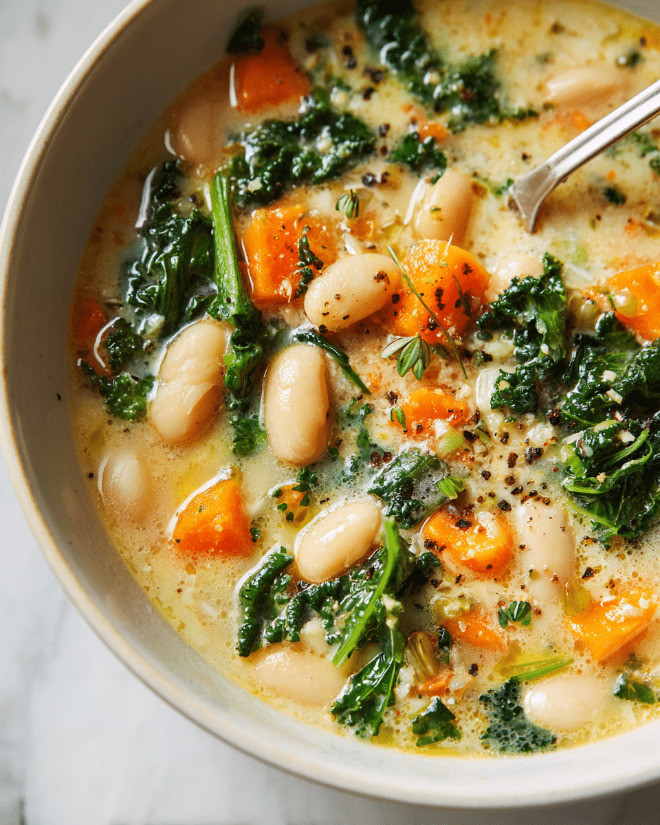 A close-up view of a bowl of soup containing small white beans, diced orange carrots, and leafy green kale mixed in a light, creamy broth with visible herbs and specks of black pepper scattered on top. The soup fills about three-quarters of a white bowl, sitting on a white marbled surface, showing a warm and fresh look with a soft focus on the ingredients. photo taken with an iphone --ar 4:5 --v 7