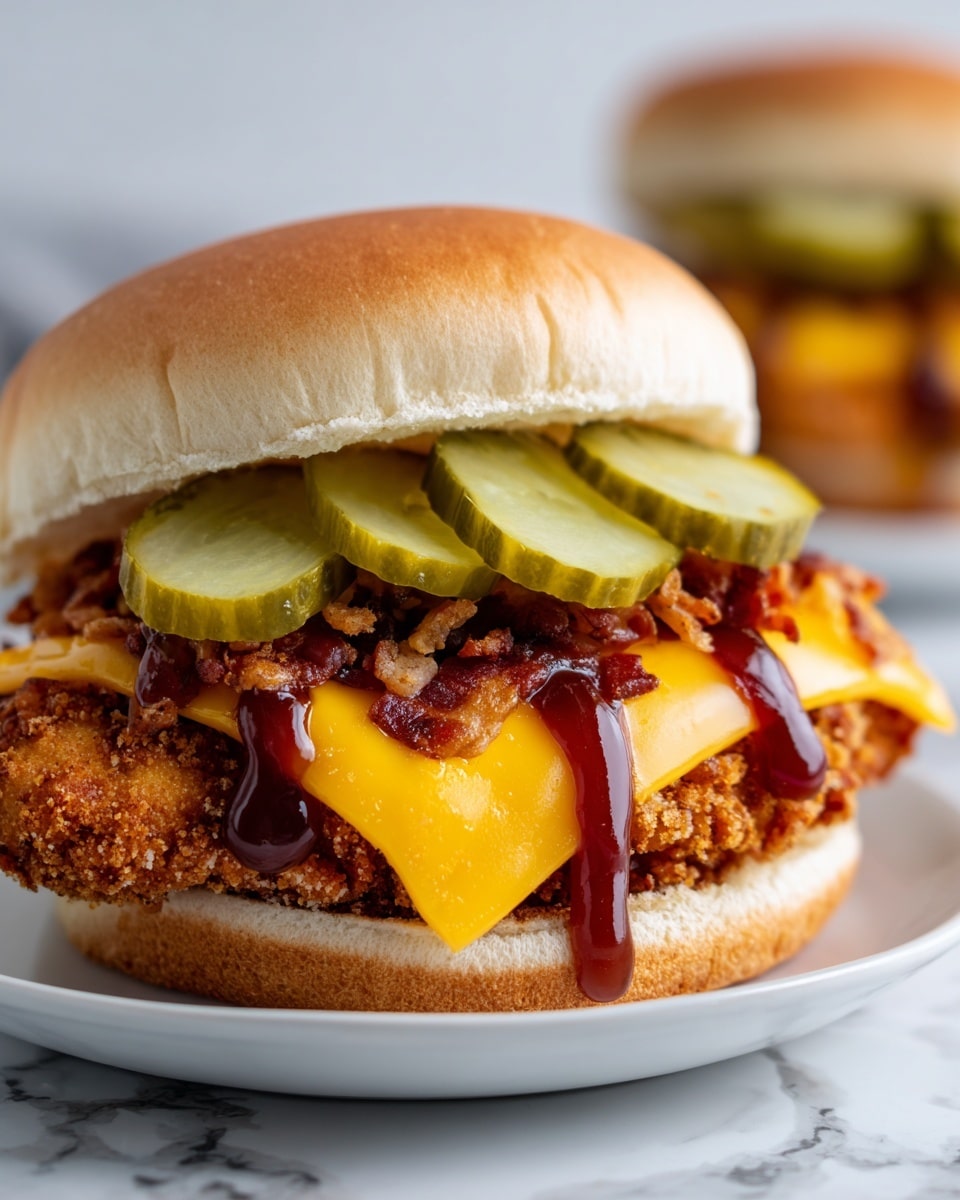 A close-up image of a sandwich on a white plate placed on a white marbled surface, featuring a soft, lightly toasted bun with a golden-brown crispy fried chicken fillet as the first layer. On top of the chicken, there is a glossy slice of melted cheddar cheese followed by a crunchy layer of finely chopped bacon bits. Drizzled over the bacon are parallel lines of bright yellow mustard and dark reddish-brown barbecue sauce. The sandwich is topped with four round, green pickle slices arranged in a row along the length of the sandwich. Photo taken with an iphone --ar 4:5 --v 7