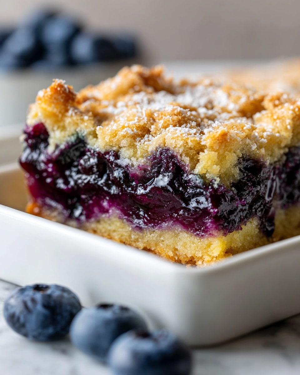 The image shows a close-up of a baked blueberry cobbler in a square white ceramic dish. The bottom layer is a deep purple mix of juicy blueberries that looks soft and syrupy, with some of the fruits bursting and releasing juice. Above this is a golden-brown, crumbly topping with a slightly rough texture and hints of light sugar dusted on top. The crust covers most of the fruit but has some gaps where the blueberries peek through. The dish is placed on a white marbled surface, and in the background, there’s a blurred view of a few fresh blueberries on a small round wooden board. photo taken with an iphone --ar 4:5 --v 7