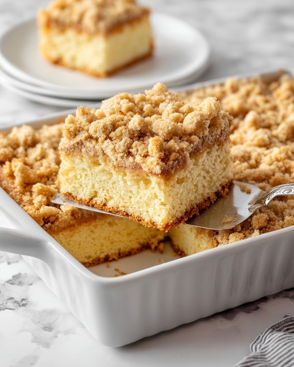 The image shows a white rectangular baking dish filled with a crumb cake cut into square pieces. The cake has two clear layers: the bottom layer is a thick, soft, light yellow cake, and the top layer is a crumbly, golden brown streusel topping made of coarse crumbs. One square piece of the cake is lifted with a metal spatula, showing a dense and moist texture inside. In the background, a white round plate holds a single square piece of the cake on a white marbled surface. photo taken with an iphone --ar 4:5 --v 7