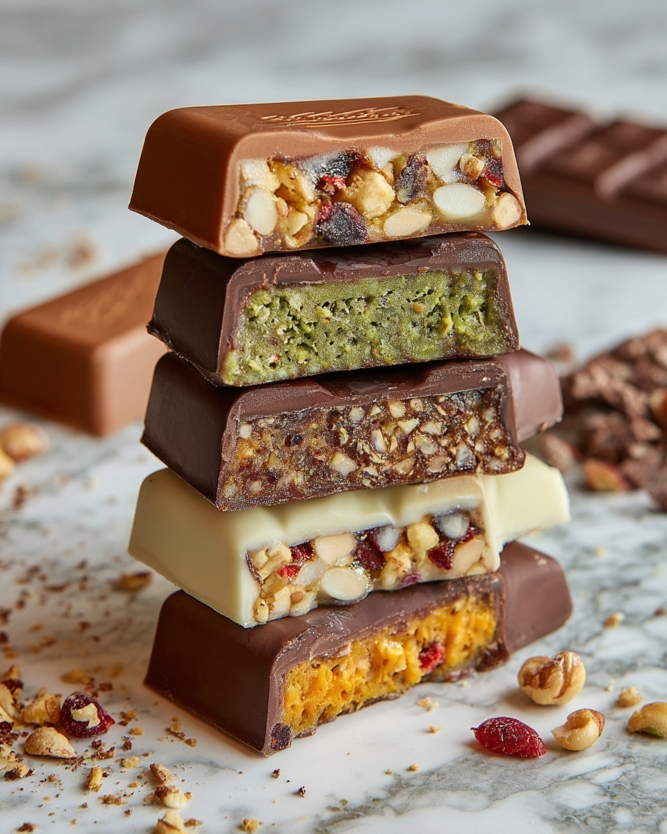 A stack of five thick chocolate bars, each cut to show unique colorful fillings inside, sits on a round white marble plate. From top to bottom, the first bar has a milk chocolate shell with a crunchy orange and white textured filling and bits of red fruit. The second bar features a milk chocolate shell with a soft green textured inside. The third bar also has a milk chocolate shell but contains a darker, finely chopped brown filling. The fourth bar is white chocolate with an orange crunchy filling, topped with thin white chocolate flakes. The bottom bar is milk chocolate with an orange filling and visible red fruit bits. Pieces of nuts and crumbs are scattered around the plate on the white marbled surface. Photo taken with an iphone --ar 4:5 --v 7