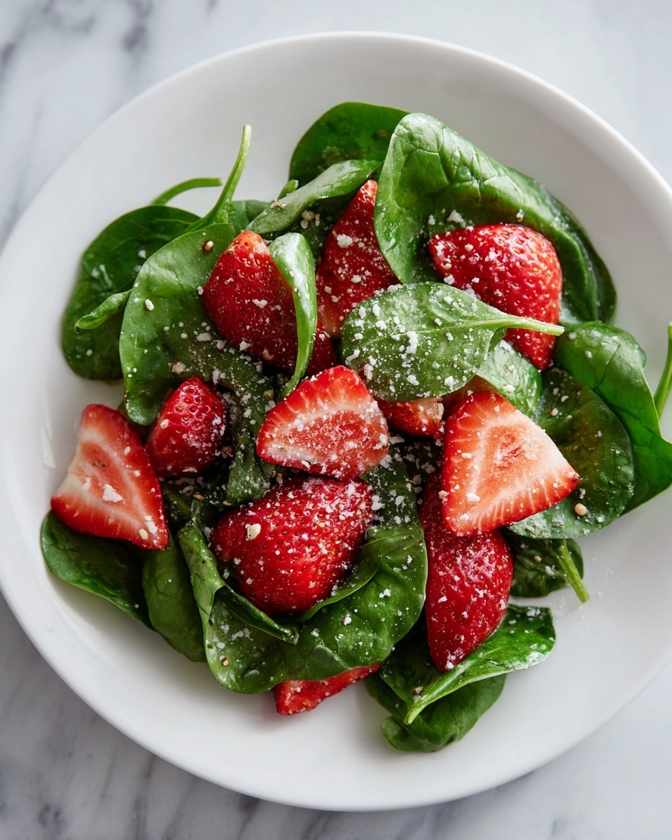A white plate holds a fresh spinach salad topped with many bright red, halved strawberries evenly spread on top. The spinach leaves are deep green and look fresh and soft, forming the base layer covering the entire plate. The strawberries on top show their juicy, textured flesh clearly. The background and surface under the plate are white marble with subtle grey veins. The salad looks fresh and colorful. Photo taken with an iphone --ar 4:5 --v 7