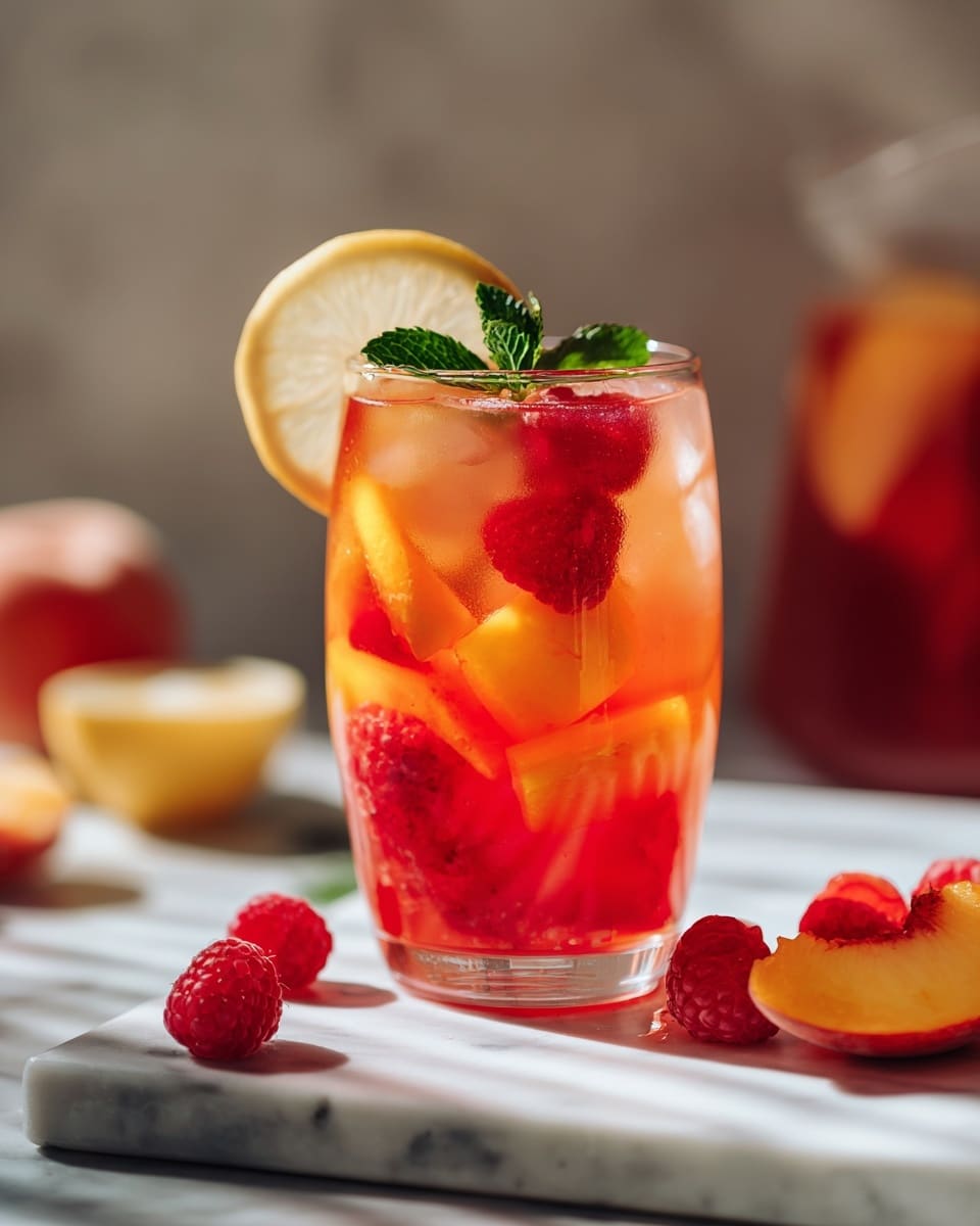 A clear glass filled with a red-orange drink contains a mix of fruit slices and berries. Inside, there are a few deep red raspberries floating near the top, along with thin, curved slices of yellow-orange peach layered in the middle and bottom. Two round lemon slices, pale yellow with visible texture, float on opposite sides of the glass, one inside and one sliced and placed on the rim. A small green mint leaf rests at the top next to the lemon slice on the rim. The glass sits on a wooden tabletop with scattered peach slices, raspberries, and a halved lemon around it. A matching glass pitcher with the same drink and a lemon slice inside is blurred in the background against a white marbled surface. Photo taken with an iphone --ar 4:5 --v 7