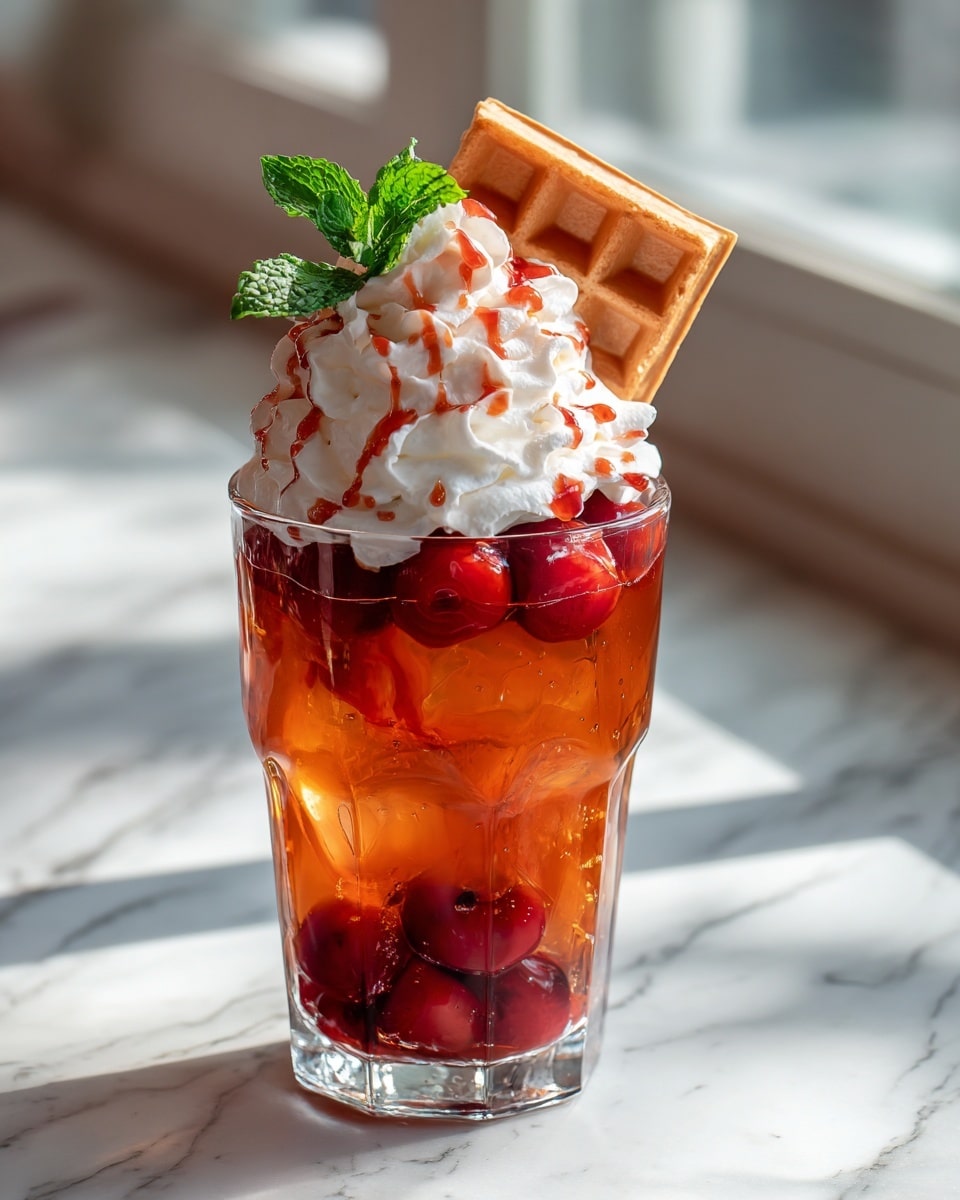 The image shows a tall clear glass filled with a red-colored drink with ice cubes and several whole cherries at the bottom. On top of the drink there is a thick white cream swirl, drizzled with red syrup. A small waffle piece with a grid pattern is placed inserted into the cream on one side, and a bright green mint leaf is sitting next to it. The glass is on a white marbled surface with a blurred checkered cloth and green background behind it. photo taken with an iphone --ar 4:5 --v 7