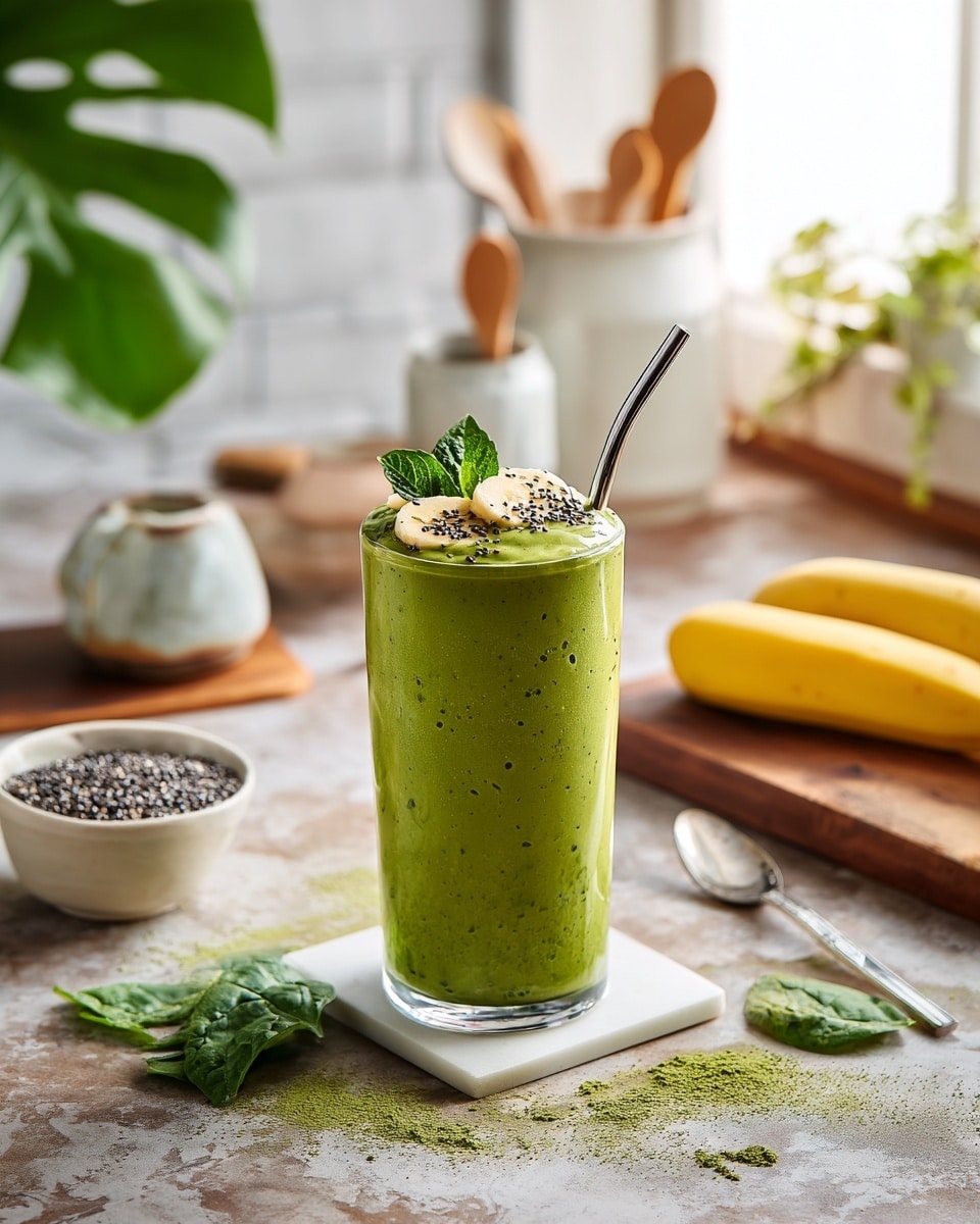 A tall clear glass filled with a thick bright green smoothie sits on a square white tile on a wooden table. The smoothie has a frothy texture and is topped with a few green spinach leaves, a slice of banana, a sprinkle of matcha powder, and chia seeds. A metal straw is placed in the glass. Around the glass, there are fresh spinach leaves scattered on the table, a glass bowl with chia seeds, a peeled banana, a jar of matcha powder with the lid off, and a spoon resting on the tile. In the background, a blender with the remaining green smoothie, stacked white bowls, and kitchen jars are visible on a white marbled textured surface. photo taken with an iphone --ar 4:5 --v 7