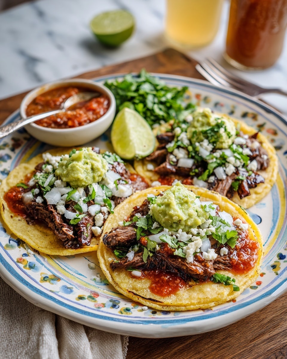 A white plate with colorful blue and yellow patterns holds three soft corn tortillas. Each tortilla has a first layer of grilled, diced beef with a dark brown outer edge, topped with chopped white onions, fresh green cilantro leaves, and small crumbled white cheese. On top are dollops of green guacamole and reddish-brown salsa. A small bowl with three lime wedges and a spoon with yellow-brown sauce sit on the plate. Fresh chopped green herbs are piled next to the tacos. The plate rests on a wooden tabletop with a white marbled texture surface under it, a folded beige cloth, a silver fork, and two bottles of light brown drinks behind the plate. Photo taken with an iphone --ar 4:5 --v 7