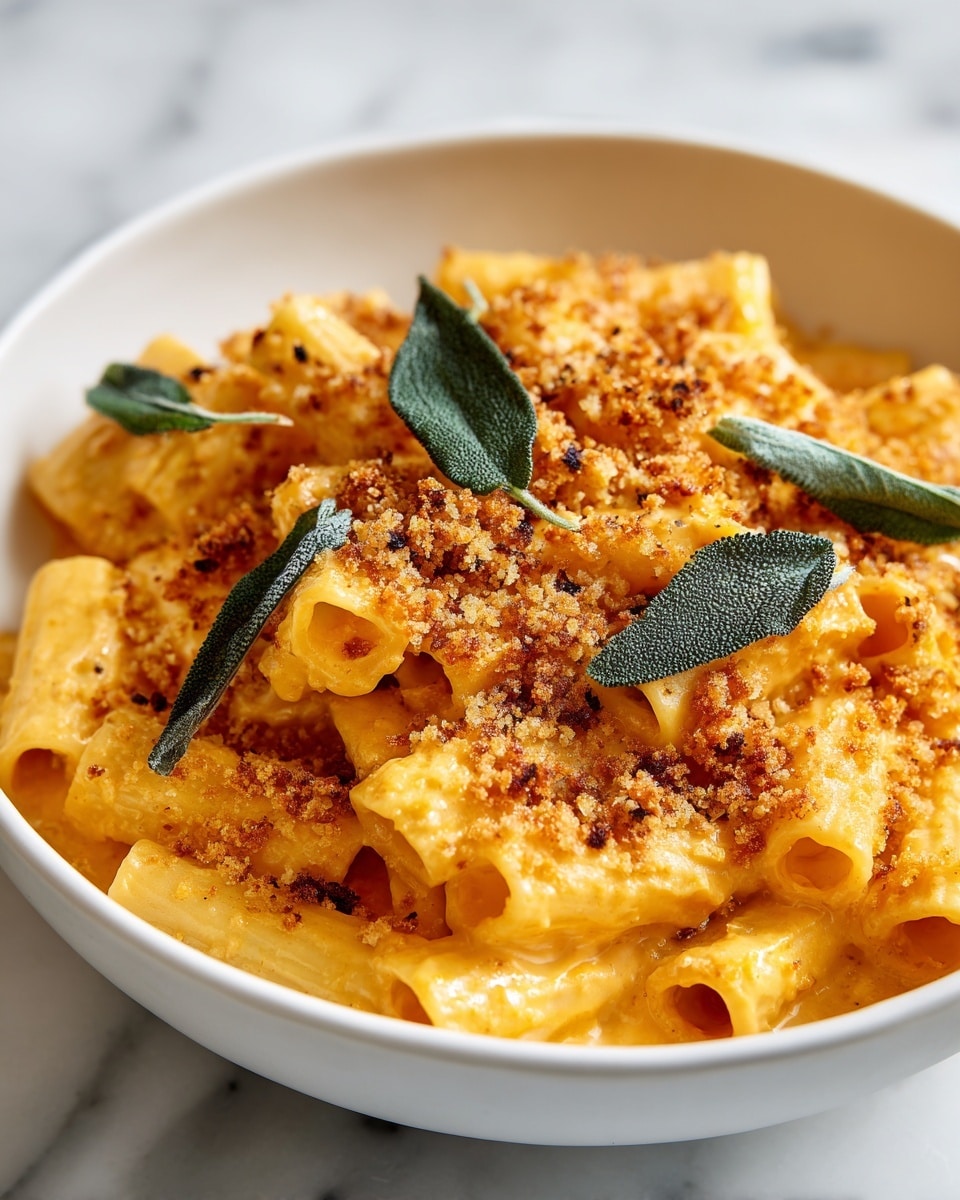The image shows a close-up of a white bowl filled with creamy yellow-orange pasta coated in a smooth sauce. On top, there is a layer of golden-brown toasted breadcrumbs that add a crunchy texture, sprinkled evenly across the pasta. Four green sage leaves are placed on the breadcrumbs, providing a fresh contrast in color and texture. The pasta shape is tubular rigatoni, arranged densely to fill the bowl. The bowl sits on a white marbled surface. photo taken with an iphone --ar 4:5 --v 7