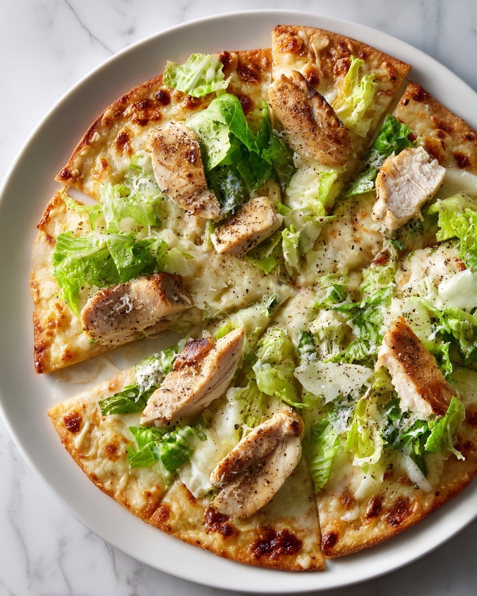 A round pizza cut into eight slices on a large white plate sits on a white marbled surface. The pizza has a golden-brown crust and is topped with a creamy white base layer of melted cheese. On top of the cheese, there are evenly spread grilled chicken pieces, showing light brown grill marks. Fresh green lettuce leaves are scattered over the chicken, adding a crisp texture and bright color. The pizza is also sprinkled lightly with little bits of grated cheese and small seasoning flakes. The photo was taken with an iphone --ar 4:5 --v 7