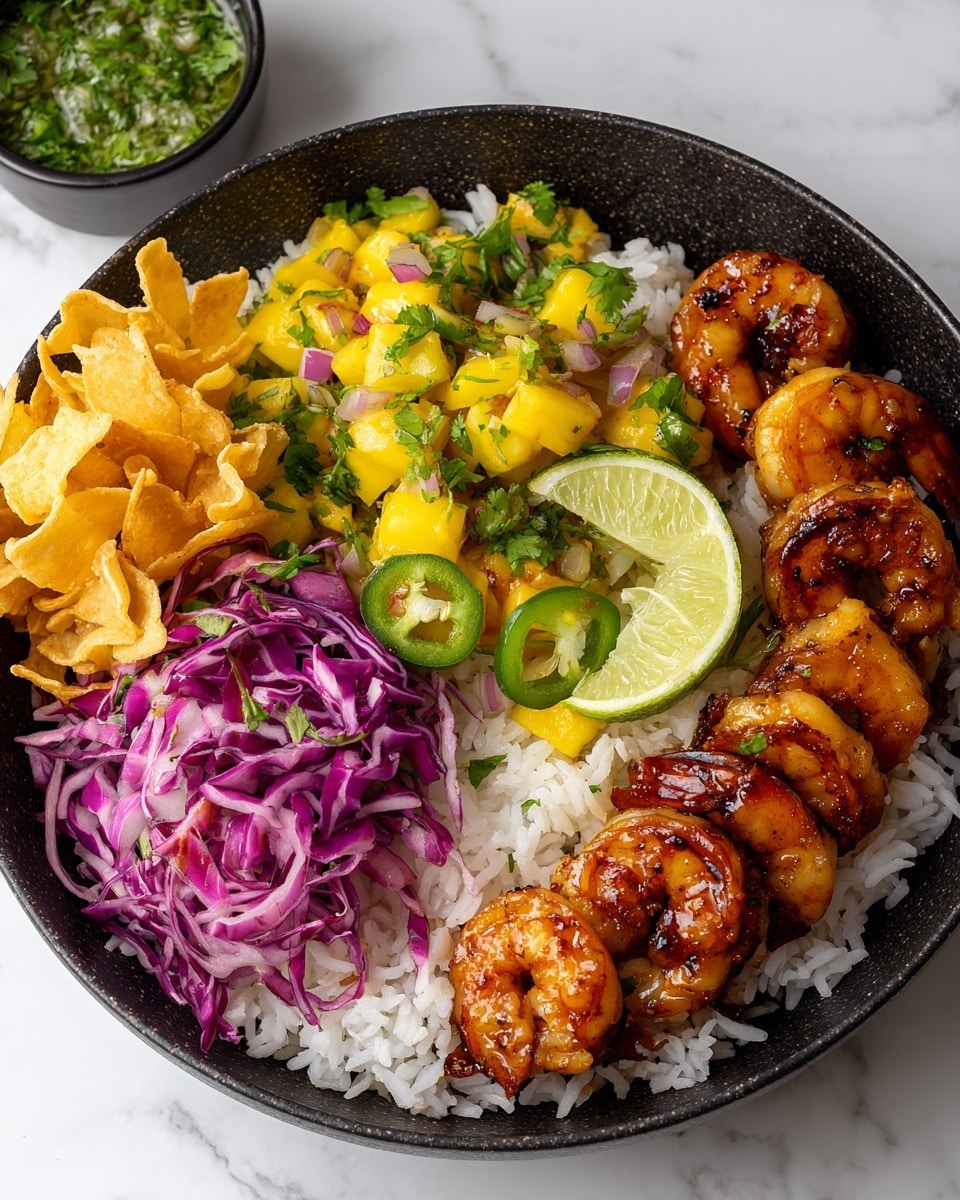 A white bowl shows a colorful shrimp bowl with several layers clearly visible, starting from the bottom with a bed of fluffy white rice. Around the rice, there is a layer of shredded light green cabbage on the bottom right and a layer of thin purple cabbage on the top right. On the top left, there is a bright yellow mango salsa mixed with small pieces of red onion, chopped green cilantro, and sliced green jalapeno. The center is filled with grilled shrimp, which have a rich orange-brown glaze and slight char marks, garnished with chopped cilantro leaves. On the top left edge, several triangular crispy tortilla chips stand upright. A wedge of light green lime is placed on the bottom left edge of the bowl, while another lime wedge rests on the cabbage to the bottom right. The bowl sits on a white marbled surface with a cup of green salsa in the background. photo taken with an iphone --ar 4:5 --v 7
