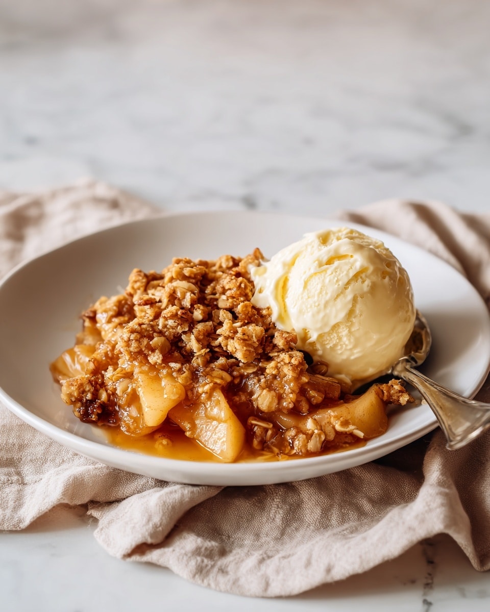 The dish shows a white plate with a serving of apple crumble topped with a scoop of pale yellow vanilla ice cream. At the bottom, there is a juicy layer of soft, glossy cooked apple slices in a syrupy sauce, golden and slightly translucent. Above the apples is a crumbly, golden brown crispy topping with bits of oats and nuts giving it a rough texture. On the side, there is a shiny silver spoon resting on the plate, and the whole scene is set on a white marbled textured surface. photo taken with an iphone --ar 4:5 --v 7