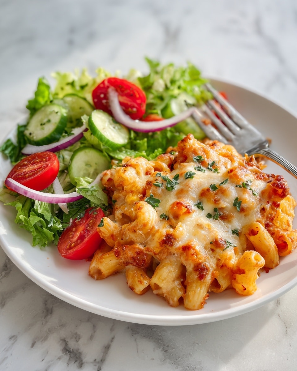 A round white plate holds a serving of cheesy baked pasta with two main parts: on the left, there is a thick layer of golden-baked pasta covered in melted cheese that looks creamy and slightly browned, sprinkled with green herbs, showing rigatoni tubes covered in a light orange sauce; on the right, fresh leafy green lettuce topped with slices of red cherry tomatoes, white cucumber pieces, and thin curved purple onion strips, all placed on a white marbled surface with a beige cloth nearby. Photo taken with an iphone --ar 4:5 --v 7