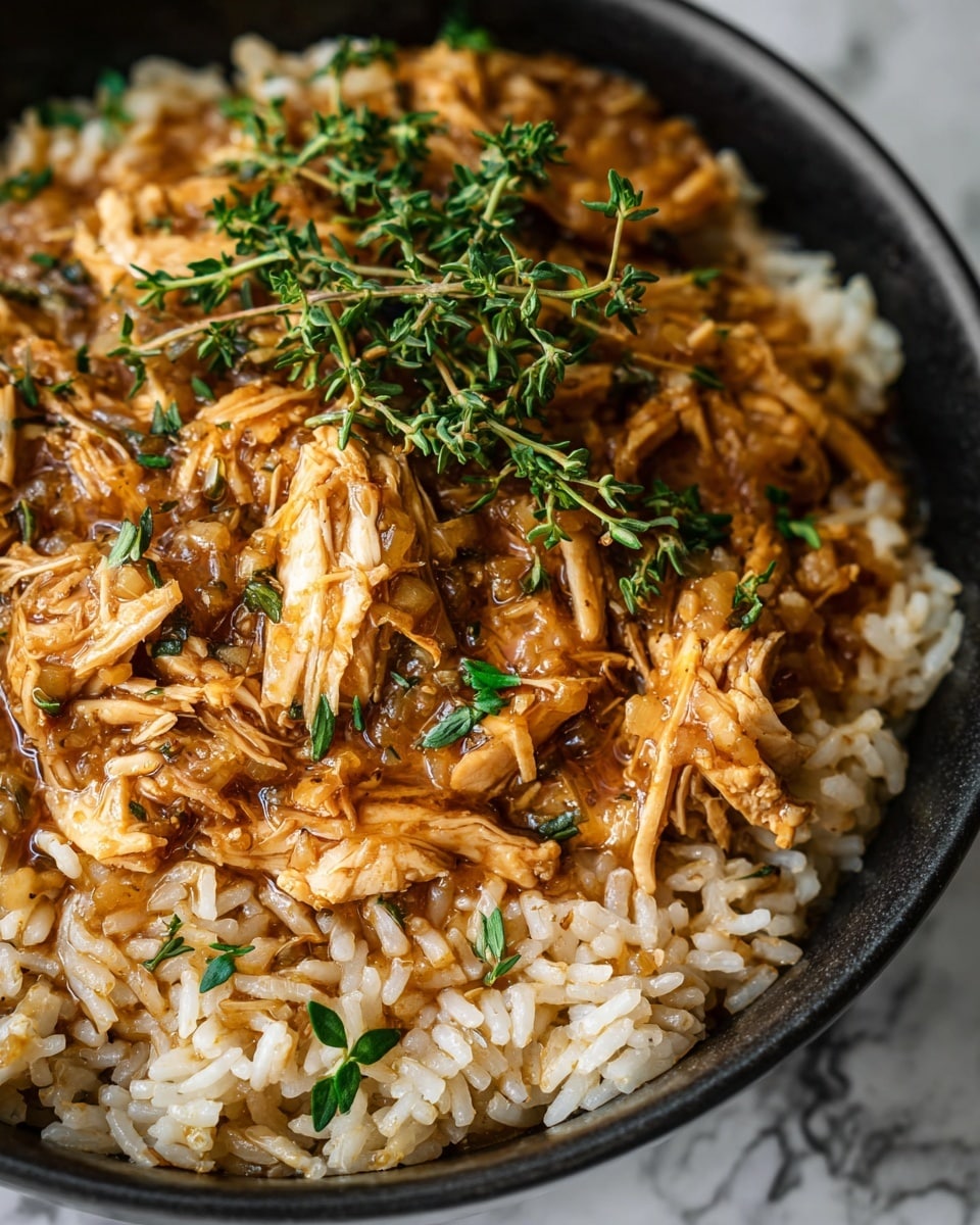 This image shows a close-up of a black clay pot filled with a rich stew of rice and shredded pieces of cooked chicken. The rice looks soft and mixed with bits of herbs and spices giving a warm brown color to the dish. On top, there is a fresh green sprig of thyme placed as garnish, adding a pop of color. The texture of the rice is crumbly and tender, with the chicken looking moist and juicy. The background is a white marbled texture. photo taken with an iphone --ar 4:5 --v 7