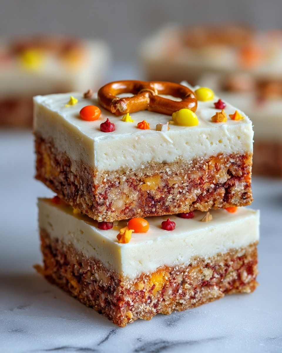 Two square-shaped treats stacked on top of each other sit on a white marbled surface. Each treat has three visible layers: the bottom layer is a crumbly, crunchy brown base with bits stuck together, the middle layer is a mix of bright orange, yellow, and white candy pieces scattered throughout, and the top layer is a thick, creamy white frosting covering the whole surface. On the very top center, there is a small brown pretzel, and the frosting is sprinkled with tiny brown bits and more candy pieces. The overall look is colorful and textured with a mix of smooth and rough parts. Photo taken with an iphone --ar 4:5 --v 7