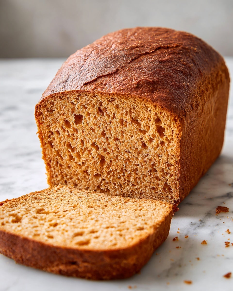 A loaf of pumpkin bread with a rough, golden brown crust sits on a white marbled surface, with one thick slice cut and laid in front of it. The inside texture of the bread is soft and moist with a warm orange-brown color, showing small air pockets throughout. The top crust is slightly cracked and darker than the inside, creating a nice contrast. Photo taken with an iphone --ar 4:5 --v 7