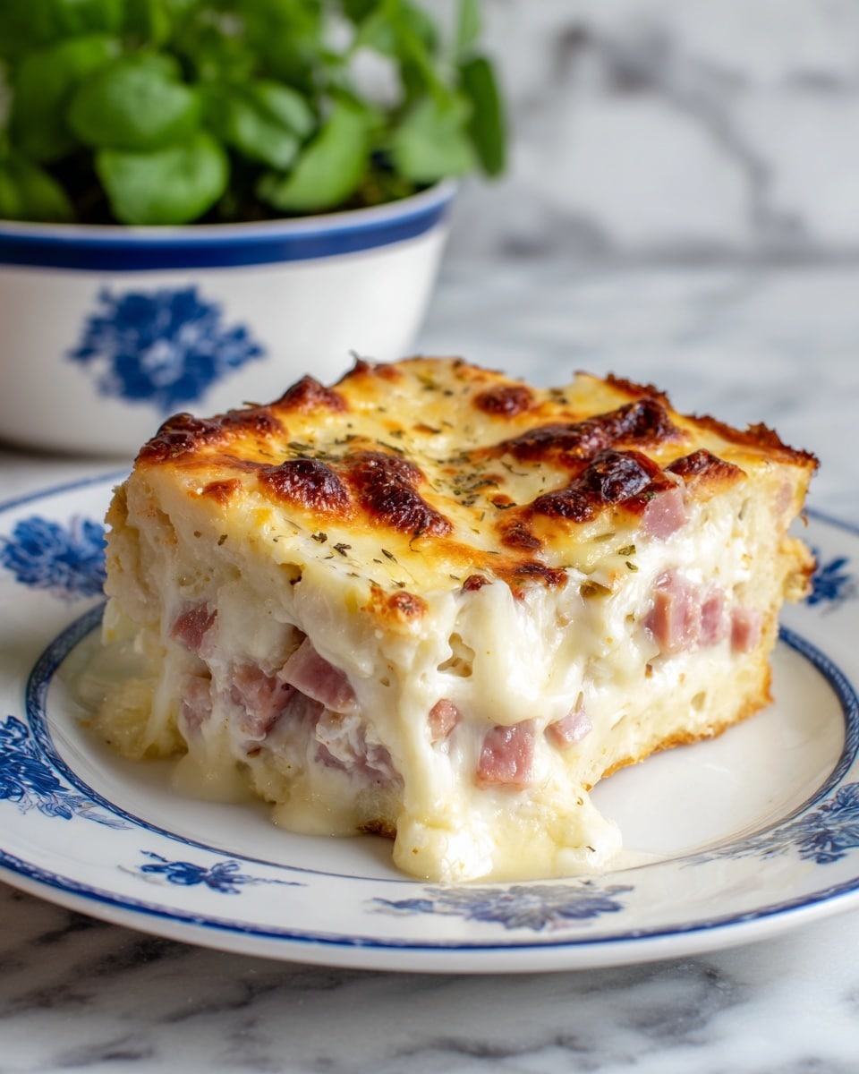 A thick square piece of baked casserole sits on a white plate with blue floral designs, placed on a white marbled surface. The casserole has three visible layers: the bottom layer is a light, fluffy bread-like base with a soft texture; the middle layer has chunks of pink ham surrounded by gooey, melted light yellow cheese; the top layer is golden-brown melted cheese that is bubbly and slightly crisp around the edges. The casserole looks rich and creamy, with the melty cheese stretching slightly where a bite has been taken from one corner. The background shows blurred green leafy vegetables in a white bowl with blue patterns and some kitchen items out of focus. photo taken with an iphone --ar 4:5 --v 7