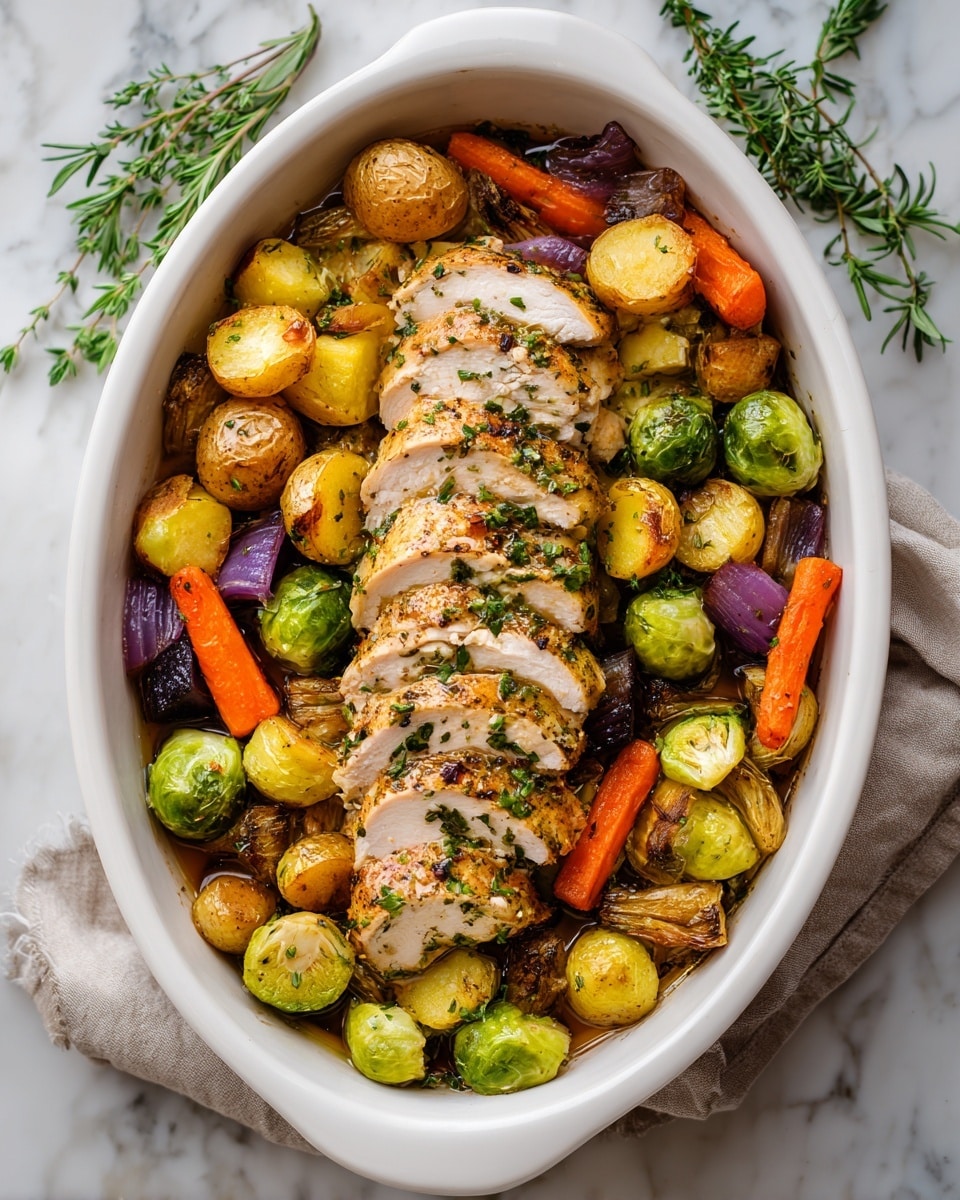 A white oval dish filled with roasted vegetables and sliced roasted chicken breast. The chicken, sliced into about eight even pieces, forms a neat central layer with a golden-brown crust and moist white inside. Surrounding the chicken is a mix of golden baby potatoes, halved and seasoned, bright orange baby carrots, charred brussels sprouts, and chunks of purple onion, all with a slightly crispy texture and a light sprinkling of green herbs. The dish is placed on a white marbled surface with fresh thyme sprigs beside it. Photo taken with an iphone --ar 4:5 --v 7