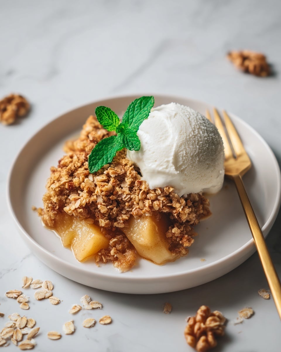 A white plate sits on a white marbled surface, holding a serving of apple crumble with three main layers: the bottom layer consists of soft, warm apple slices, golden brown and slightly glossy with syrup; the middle layer is a thick, crumbly oat topping mixed with walnut pieces, toasted to a golden brown with a crunchy texture; on the side, there are two scoops of creamy, white vanilla ice cream with a smooth, soft texture. A single fresh green mint leaf rests on the crumble, adding a touch of color, while a gold fork is placed next to the ice cream on the plate. Some oat flakes and walnut pieces are scattered lightly around the plate. Photo taken with an iphone --ar 4:5 --v 7