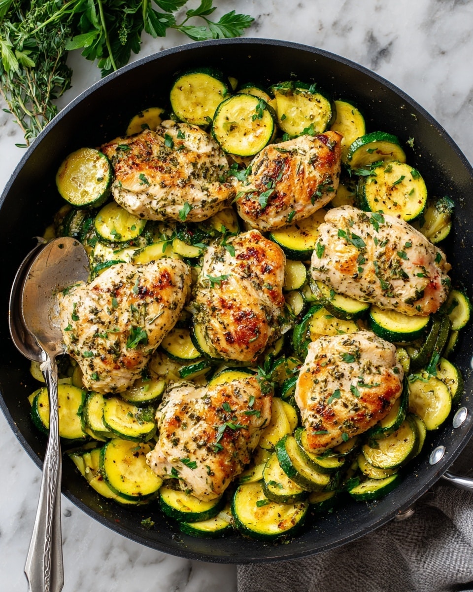 The image shows a black pan filled with seven pieces of cooked chicken breast with a deep orange-brown color, seasoned with herbs, resting on a layer of sliced cooked zucchini. The zucchini slices are light green with charred light brown grill marks and are scattered evenly under and around the chicken. Fresh chopped herbs are sprinkled on top of the chicken and zucchini, adding green highlights. A silver spoon is partially visible in the pan, surrounded by the food. The pan is sitting on a white marbled surface with some fresh greens visible at the edge. photo taken with an iphone --ar 4:5 --v 7