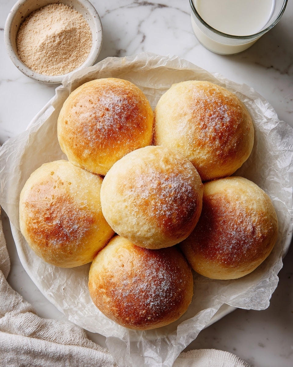 A white plate holds six round, golden-brown cookies with a slightly rough, crumbly texture on top, arranged in a loose circle with one in the center. The cookies have a soft, sugar-coated look with light cracks on their surface. The plate rests on a white marbled texture, with a glass of milk on the top left and a bowl with more sugar on the top right, adding a cozy, fresh feel to the image. A woman's hand reaches in from the left side, partly visible, as if about to pick up a cookie. Photo taken with an iphone --ar 4:5 --v 7