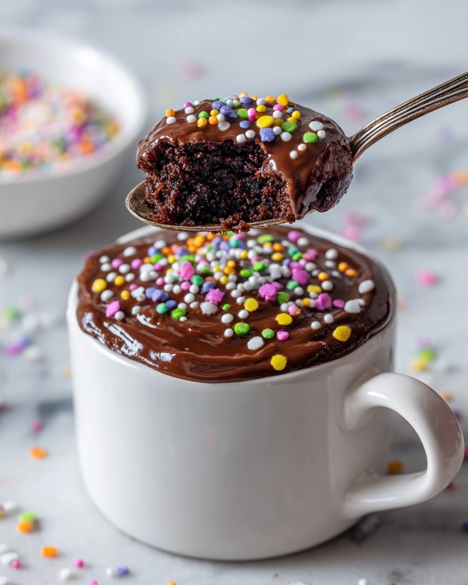 A white ribbed ceramic mug filled with a rich dark chocolate cake base at the bottom and thick, smooth chocolate frosting spread on top, sprinkled with small, round, colorful confetti-like sprinkles in yellow, pink, purple, green, blue, orange, and white. A woman's hand is lifting a silver spoonful of cake and frosting, showing a moist texture inside the cake. The mug sits on a light grey marble coaster, placed on a white marbled surface with scattered colorful sprinkles around, and a small white bowl filled with more sprinkles is blurred in the background. photo taken with an iphone --ar 4:5 --v 7