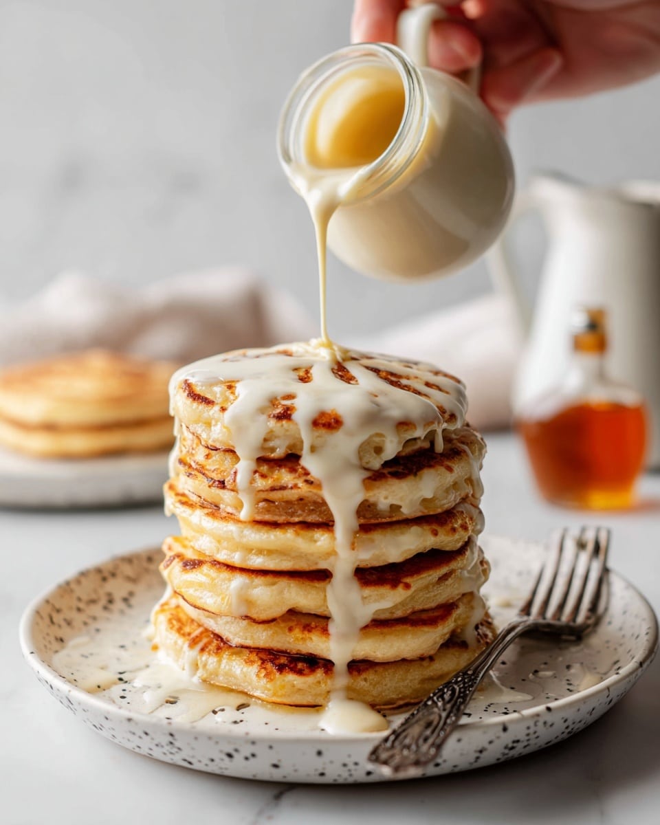 A tall stack of eight golden-brown pancakes sits on a white speckled plate, each pancake thick and fluffy with a slightly crisp edge. A woman's hand is pouring creamy white icing from a small glass jar in a spiral pattern starting from the top, with the icing slowly dripping down the sides of the pancakes. In the foreground, a fork rests on the right side of the plate. The background shows a white marbled surface with a blurred white pitcher, a cinnamon stick, a shallow white plate with cinnamon powder, and a glass bottle of syrup. photo taken with an iphone --ar 4:5 --v 7