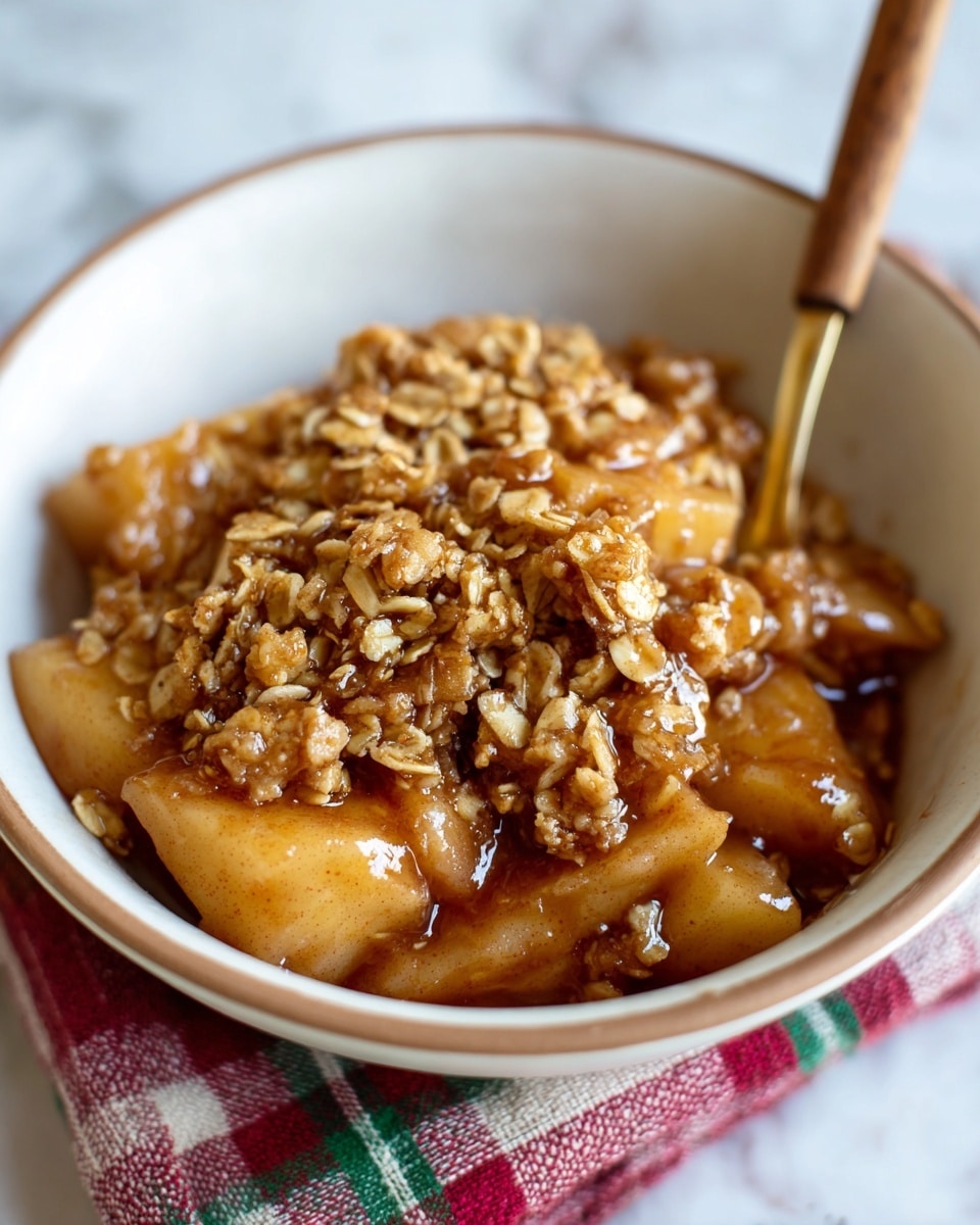 A white bowl contains a warm serving of apple crisp, with two visible layers: the bottom layer is soft apple slices coated in a shiny, cinnamon-brown syrup, and the top layer is a golden oat crumble with chunks adding texture. A silver fork with a wooden handle rests on the right side inside the bowl, slightly dipped into the apple crisp. The bowl sits on a surface with a white marbled texture, and a red checkered cloth is partially seen at the bottom left. Nearby are a fresh red apple on the left and an empty fluted glass container at the top left. Photo taken with an iphone --ar 4:5 --v 7