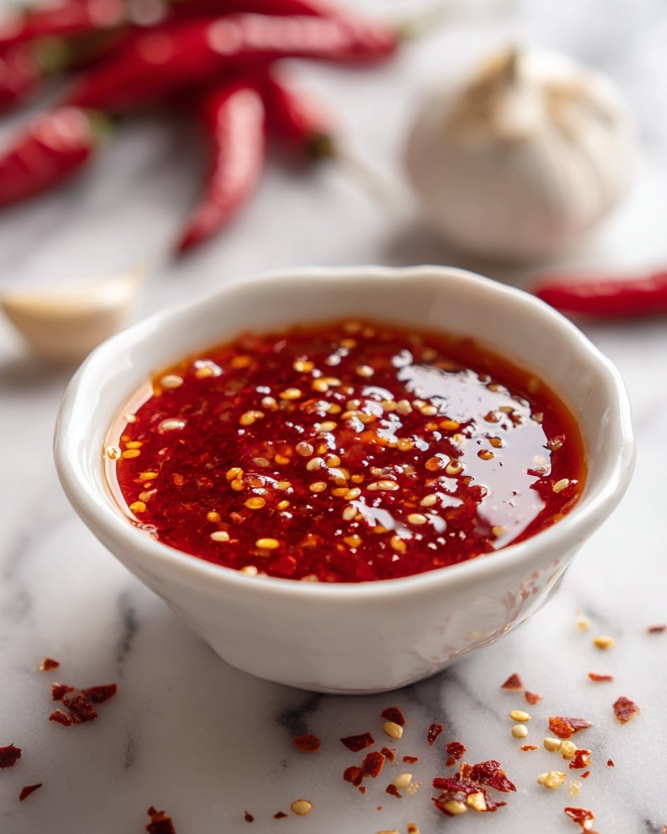 A close-up view of a white bowl filled with glossy, bright red chili sauce that has visible chili seeds and small chili pieces mixed throughout, creating a thick and slightly chunky texture. The bowl sits on a surface with a white marbled texture, scattered around are red chili flakes, a sliced red chili showing its seeds, a clove of garlic, and whole red chilies blurred in the background. The sauce fills the bowl almost to the rim, reflecting light softly, highlighting its shiny surface. photo taken with an iphone --ar 4:5 --v 7