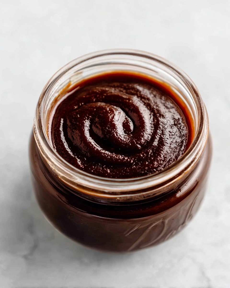 A clear glass jar filled with a thick, dark brown sauce that has a glossy texture and slight swirls on the surface, placed on a white marbled texture surface. The jar is open, showing the rich, dense sauce inside with visible depth and smooth consistency. The light reflects softly on the sauce, highlighting its shiny, sticky appearance. Photo taken with an iphone --ar 4:5 --v 7