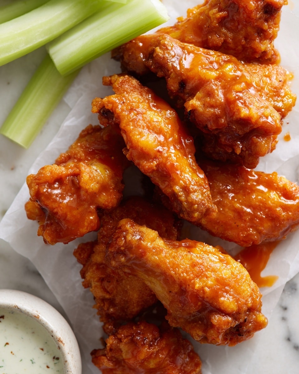A pile of shiny orange buffalo chicken wings with a textured, crispy surface sits on top of white parchment paper on a white plate. In the background, several pale green celery sticks are stacked side by side, and a small white bowl filled with creamy dipping sauce is partly visible. The wings have a glossy, slightly sticky look with some black char marks, showing they are well cooked. The whole scene is set on a white marbled textured surface. photo taken with an iphone --ar 4:5 --v 7