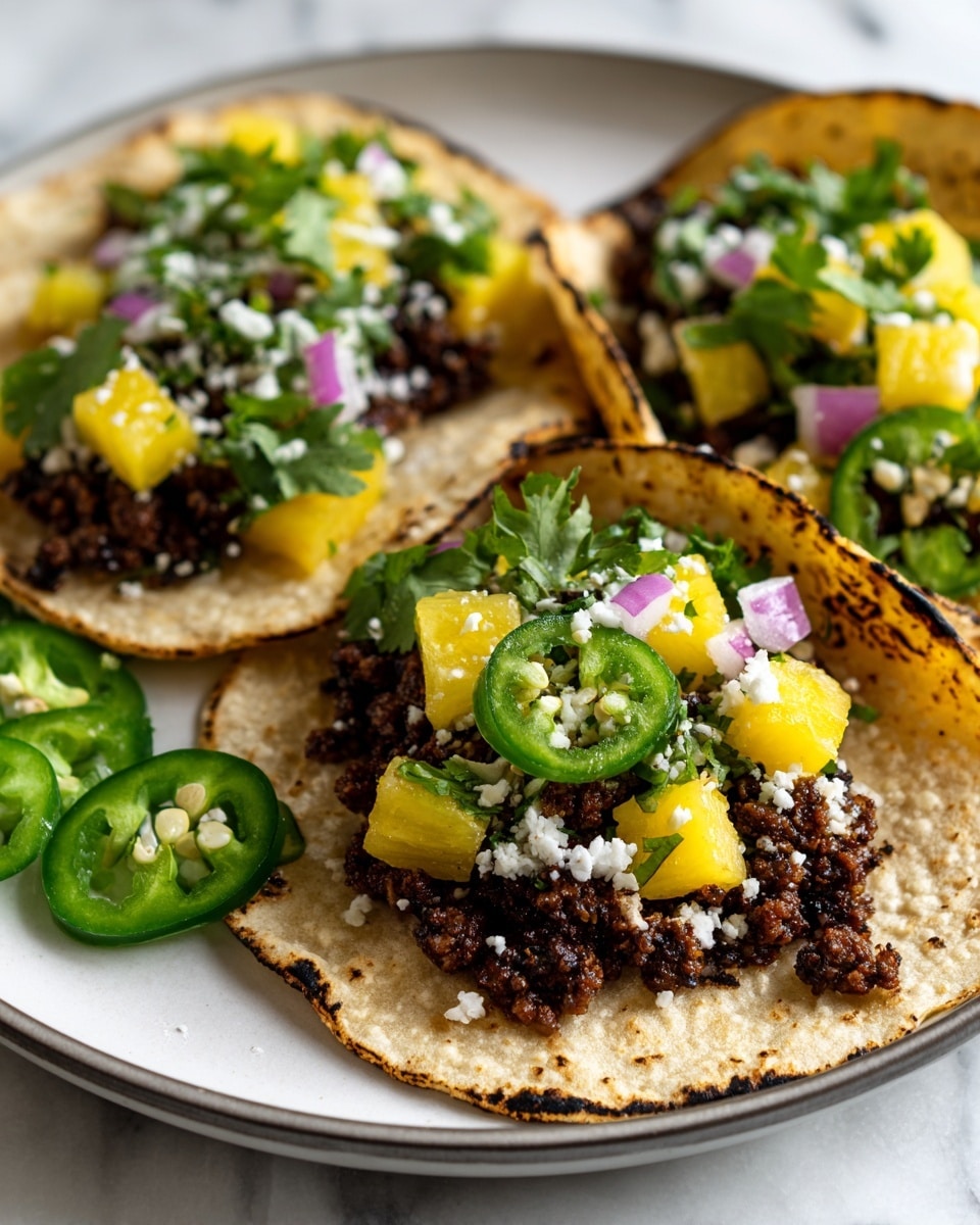 Three tacos sit closely on a white plate with a thin gold rim, placed on a white marbled surface. Each taco has three layers: the base is a soft, lightly toasted corn tortilla with small char marks; the middle layer is a generous amount of ground meat cooked with rich brown color and a slightly crumbly texture; on top is a fresh layer of yellow pineapple chunks mixed with small pieces of red onion, green jalapeño, and chopped fresh cilantro, adding bright pops of color. Small specks of white cheese are scattered on the pineapple and meat, with a few green jalapeño slices lying near the plate's edge. photo taken with an iphone --ar 4:5 --v 7