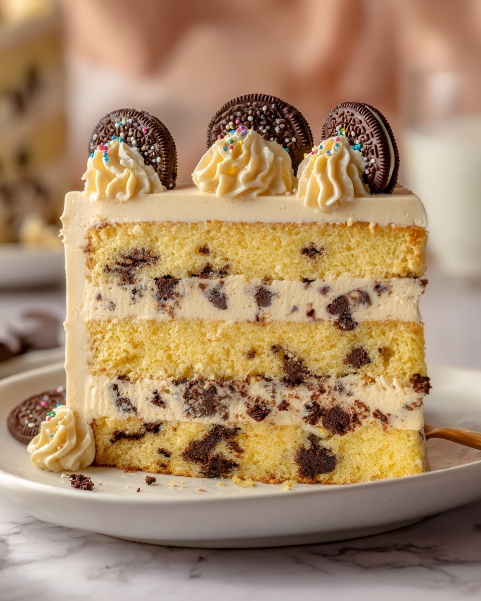 The image shows a slice of a layered cake with three thick layers of light yellow sponge cake, each separated by light brown creamy frosting mixed with round dark chocolate cookie pieces embedded throughout. The top of the cake is covered with the same light brown frosting, decorated with five round dark chocolate cookies arranged in a row. The slice is placed on a white plate, set on a white marbled surface. The texture of the sponge cake looks soft and moist, while the frosting appears smooth and creamy. Photo taken with an iphone --ar 4:5 --v 7