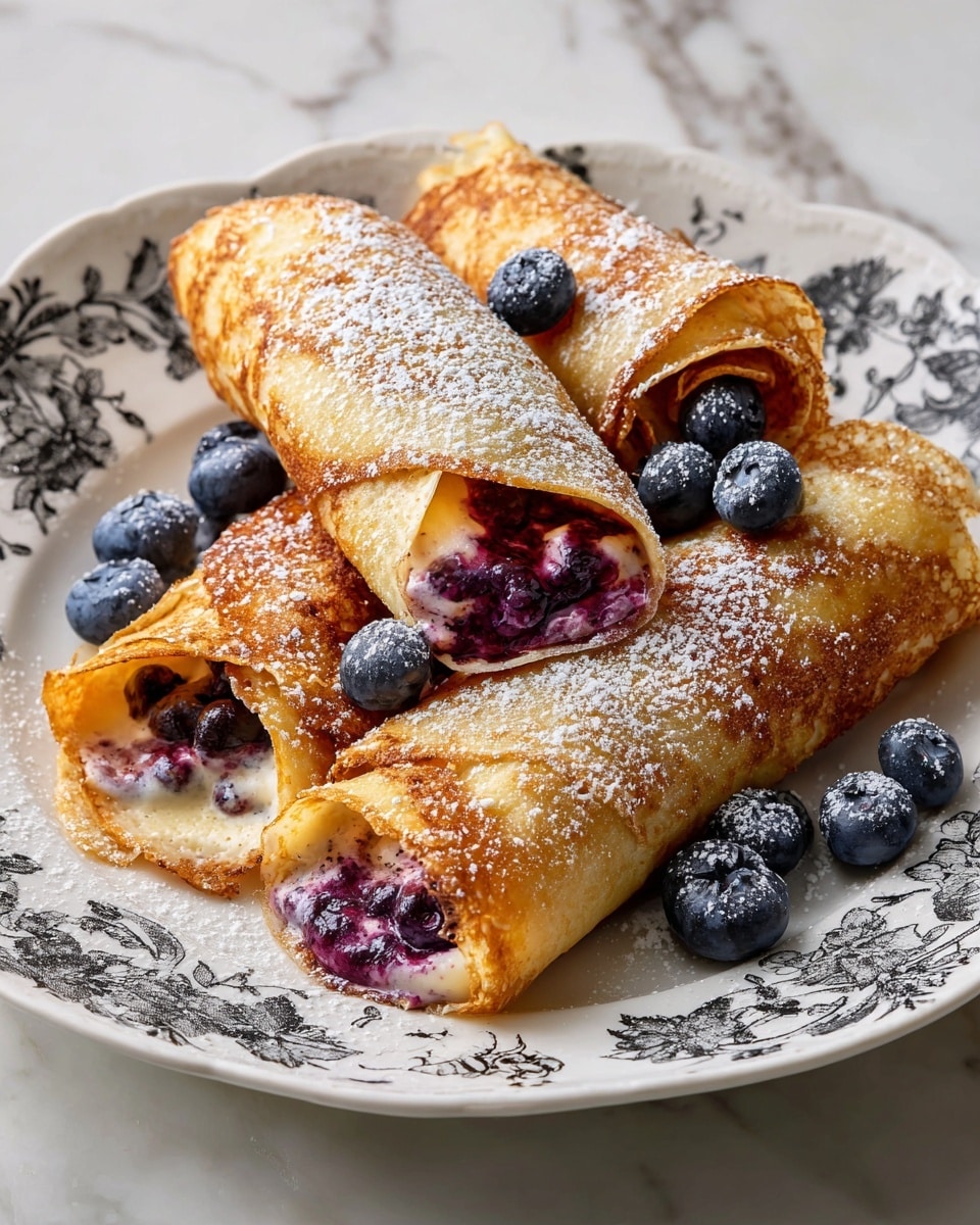 The image shows four golden-brown rolled crepes with a crispy texture arranged on a white plate with black floral patterns. One crepe is cut open, revealing a thick, deep purple blueberry filling inside. The crepes are lightly dusted with powdered sugar, and fresh, plump blueberries are scattered around the plate for decoration. The plate sits on a white marbled surface, adding a clean and bright background to highlight the crepes and berries. photo taken with an iphone --ar 4:5 --v 7