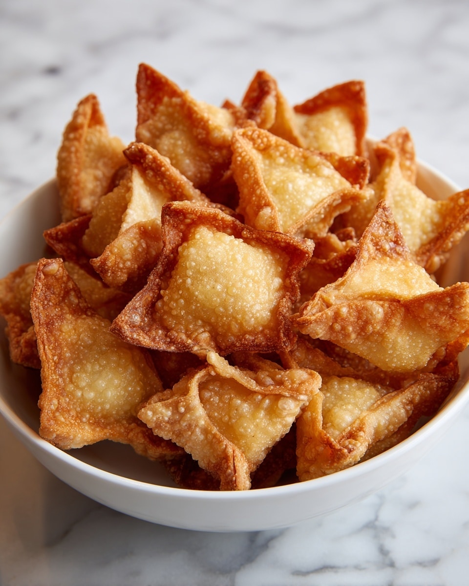 A white round plate filled with a pile of small, golden-brown fried wontons, each having a crispy texture with tiny bubbles on the surface. The wontons are folded into little triangular shapes with slightly pointed corners, stacked closely together covering the whole plate. The background is a white marbled texture, softly blurred to highlight the warm and crunchy appearance of the wontons. Photo taken with an iphone --ar 4:5 --v 7