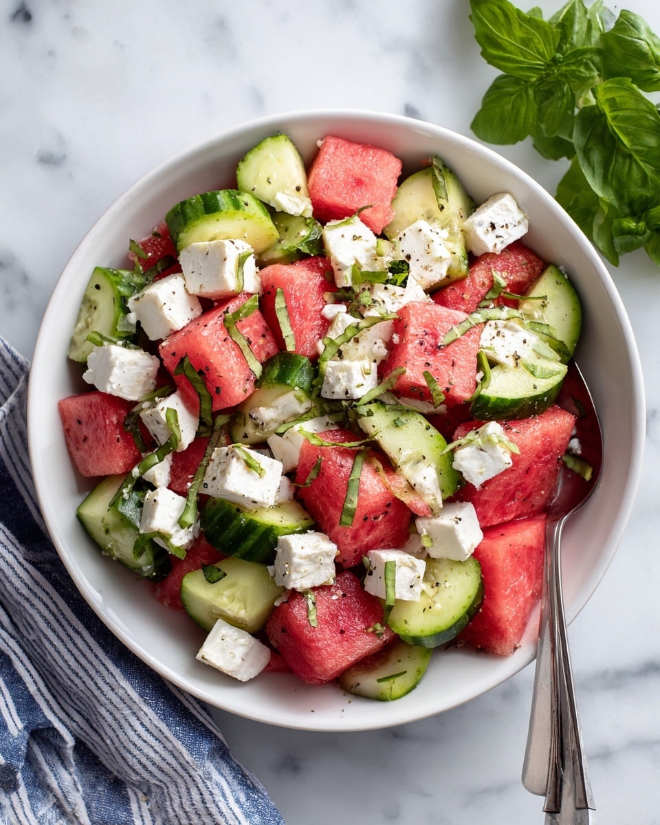A white bowl filled with a fresh salad showing three main layers: red watermelon chunks at the bottom, green cucumber slices with visible seeds in the middle, and white cheese cubes scattered on top, all sprinkled with small green herb pieces and black pepper. The salad is accompanied by a silver spoon inside the bowl, and fresh basil leaves in a small, white bowl with speckles are placed in the top right. The whole setup is on a white marbled surface with a blue and white striped cloth partly visible on the right side. photo taken with an iphone --ar 4:5 --v 7