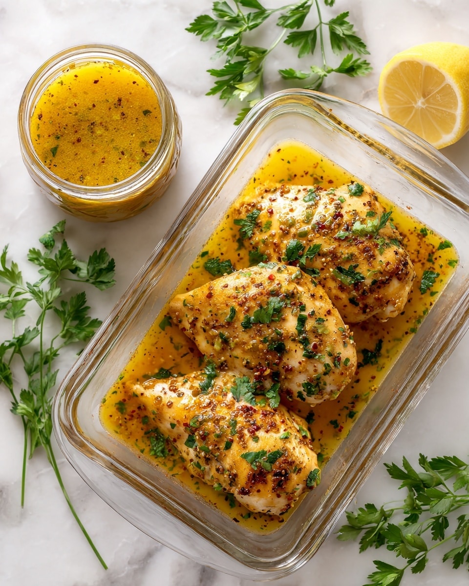 A clear glass baking dish holds three cooked chicken breasts in the center, covered in a light golden sauce with visible herbs and pepper sprinkled on top; fresh green parsley leaves are scattered across the chicken, adding contrast. To the upper left of the dish, a glass jar contains a similar golden, herb-filled liquid. At the upper right, a lemon wedge with bright yellow flesh rests on a white marbled surface, which fills the background. Near the bottom left corner of the dish, fresh parsley leaves are spread on the white marbled surface photo taken with an iphone --ar 4:5 --v 7