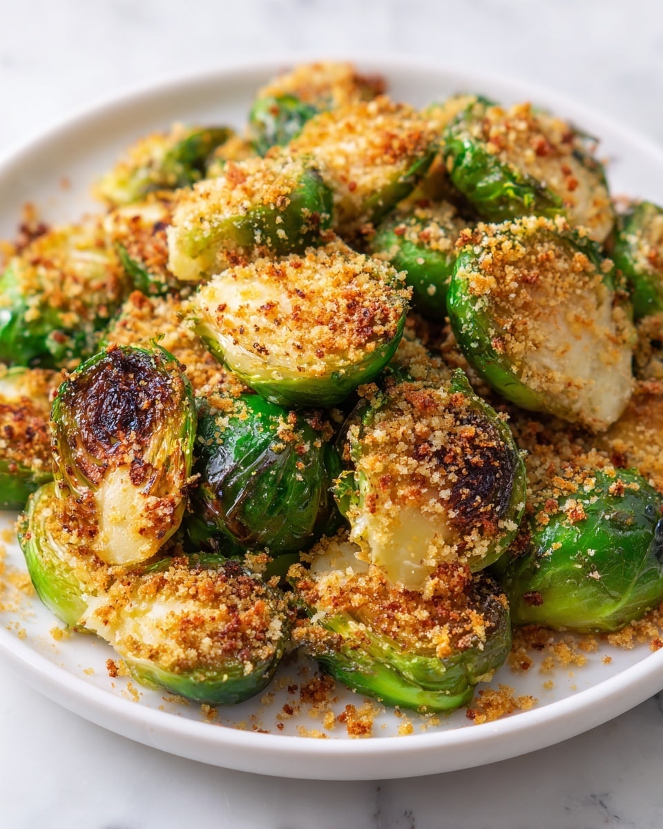 The image shows a close-up of a white plate filled with roasted Brussels sprouts cut in half, featuring a crispy, browned outer layer with a golden crust from baking. The green leaves are bright and slightly charred in places, while the inside looks soft and tender. Light golden-brown breadcrumbs are sprinkled on top, adding texture and color contrast. The plate sits on a white marbled surface. Photo taken with an iphone --ar 4:5 --v 7