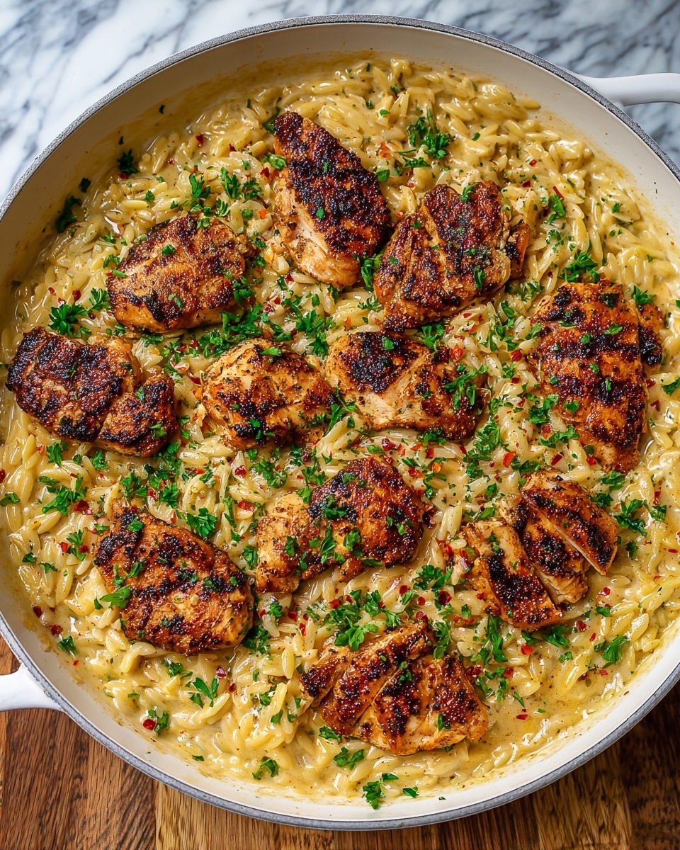 The dish is presented in a white deep pan, filled with two main layers. The bottom layer consists of creamy orzo pasta with a pale yellow color and some green herbs mixed throughout, giving it a slightly textured look. The top layer features large, grilled chicken pieces with a golden-brown, slightly charred surface, arranged evenly over the pasta. Small bits of white cheese and chopped green herbs are scattered over both layers, adding contrast and freshness. The dish sits on a white marbled surface. Photo taken with an iphone --ar 4:5 --v 7