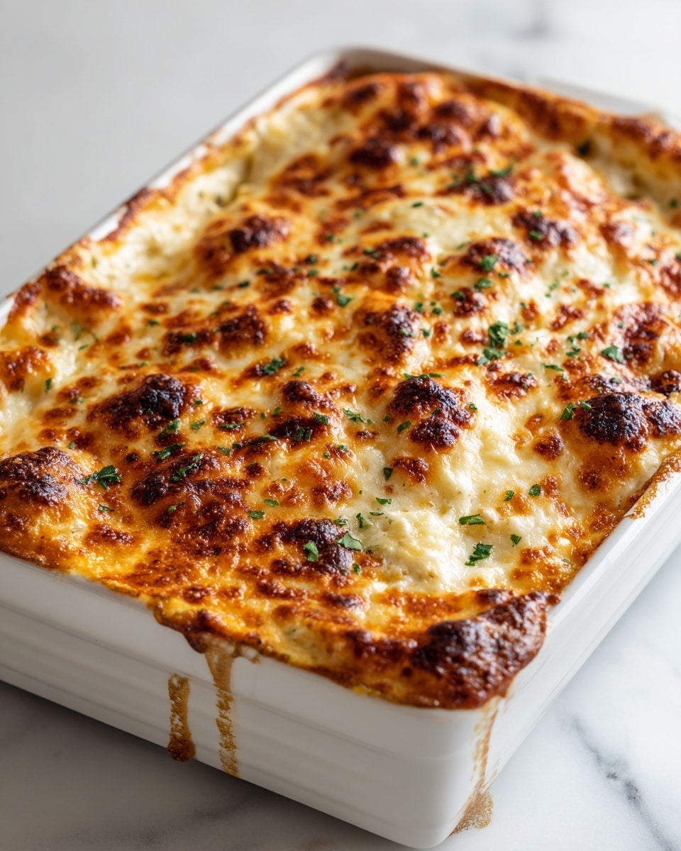 The image shows a rectangular white baking dish with three layers of baked food inside, topped with a thick, bubbly, golden-brown cheese layer that is slightly charred in spots. The cheese layer has a creamy white color with toasted orange and brown patches, giving it a melted, bubbly texture. Small green herbs are sprinkled unevenly on top, adding a touch of fresh color. The dish is sitting on a white marbled surface, and there are visible juices around the edges, adding a glossy look to the lower part of the food. photo taken with an iphone --ar 4:5 --v 7