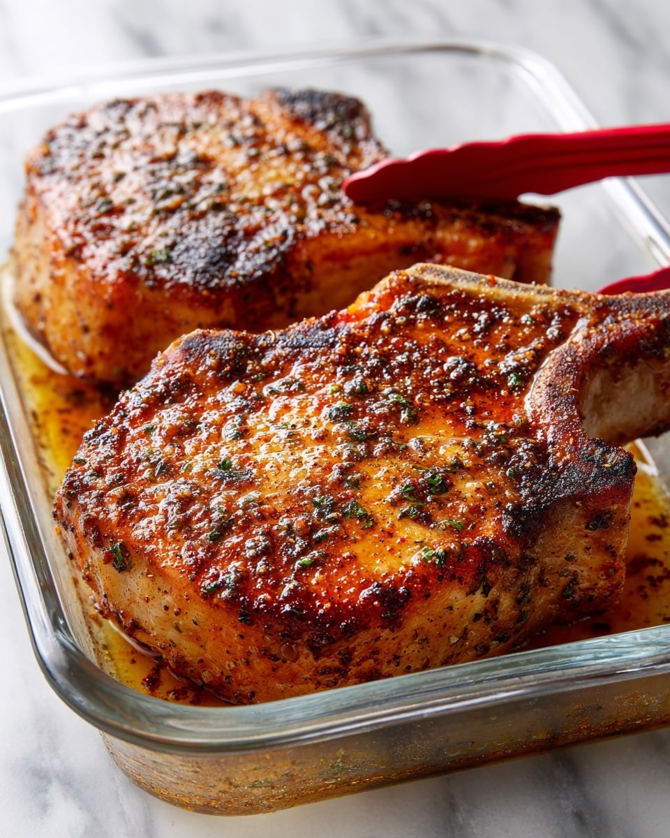 Two large cooked pork chops with a golden-brown crust sit side by side in a clear glass dish. The surface of the chops is covered with a mix of dark brown and reddish seasoning that looks crispy and slightly oily, giving them a juicy and flavorful look. A pair of red tongs holds the top chop gently on the right side. The background shows a white marbled texture beneath the glass dish. photo taken with an iphone --ar 4:5 --v 7